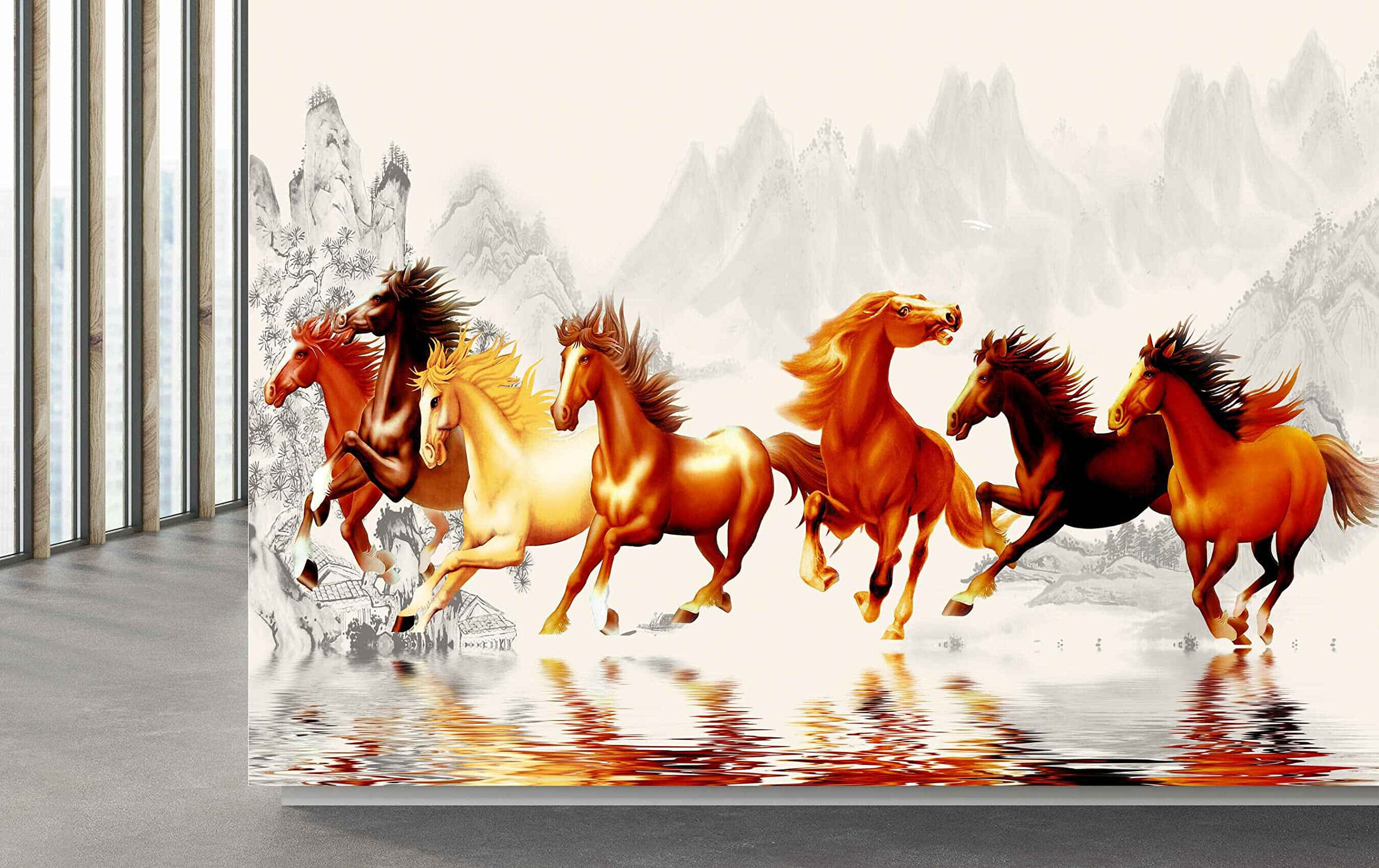 7 Horses, grey room, vibrant horses, 2K Desktop Wallpaper