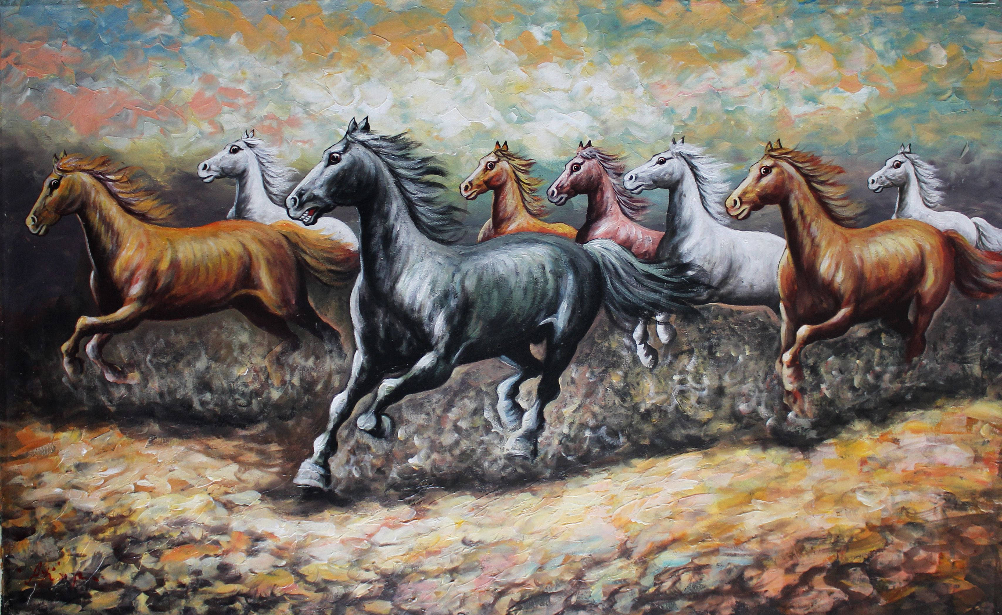 seven galloping horses, textured earthy field, vibrant cloudy sky, 2K Desktop Wallpaper