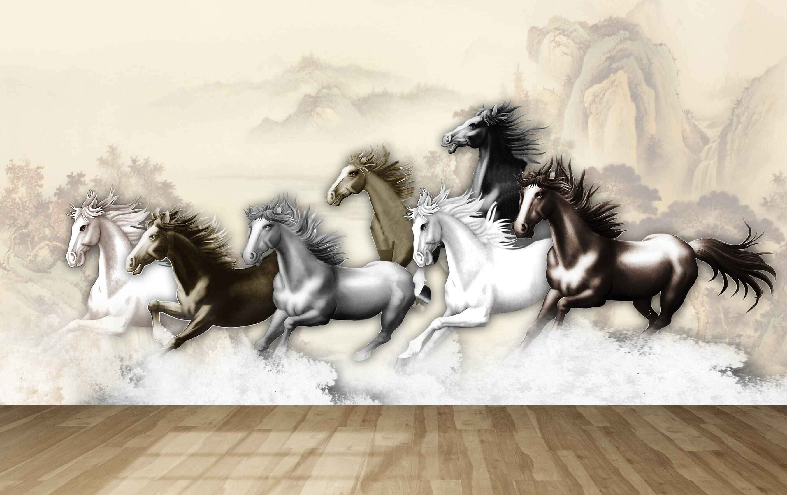 Seven Horses, misty mountain landscape, traditional ink wash style, 2K Desktop Wallpaper
