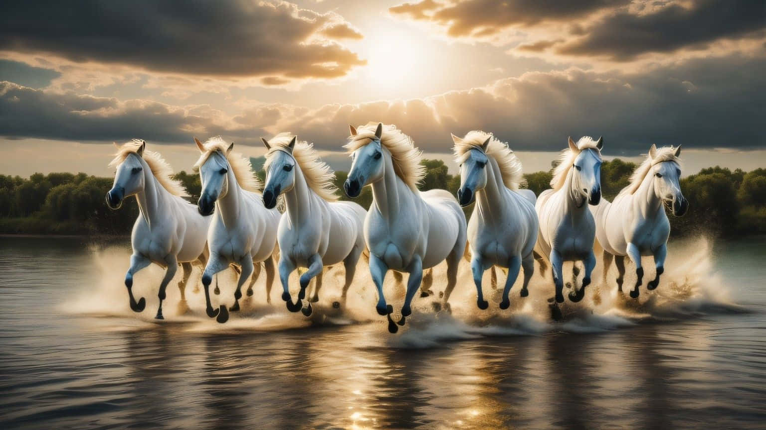 Seven Horses, sunset, gallop, HD Desktop Wallpaper