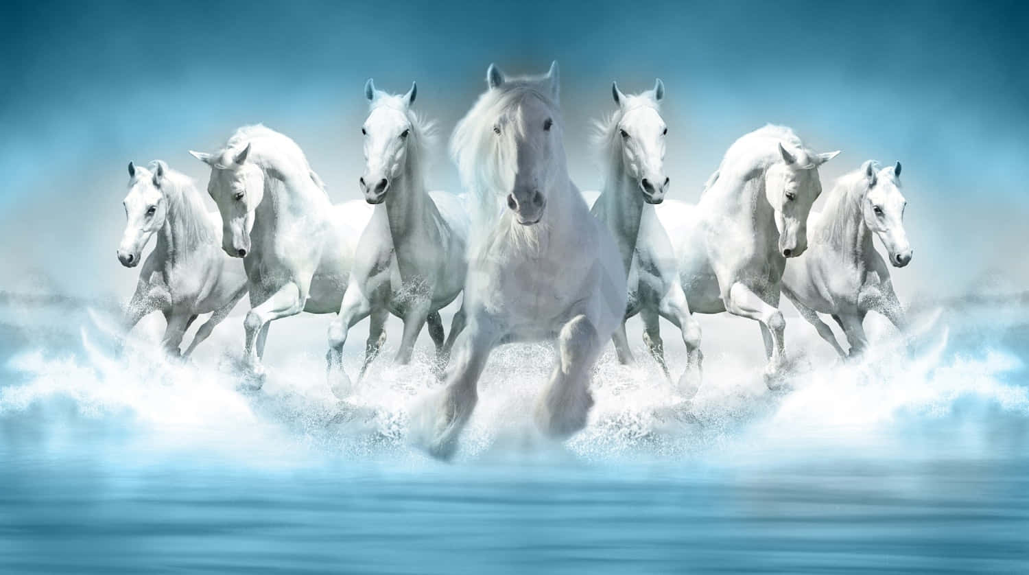 seven white horses, foamy turquoise ocean waves, misty blue sky, HD Desktop Wallpaper