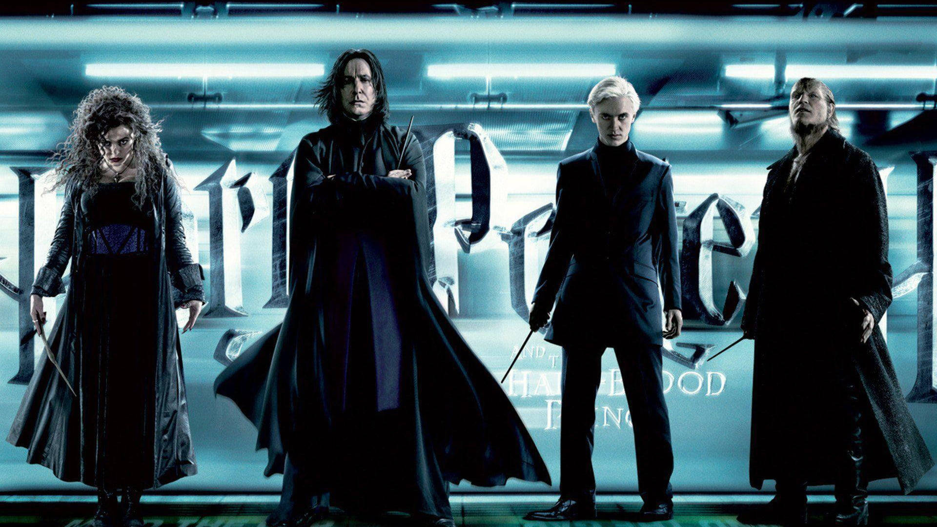 Severus Snape, darkly dressed wizards, cold blue-lit corridor, Full HD Desktop Wallpaper