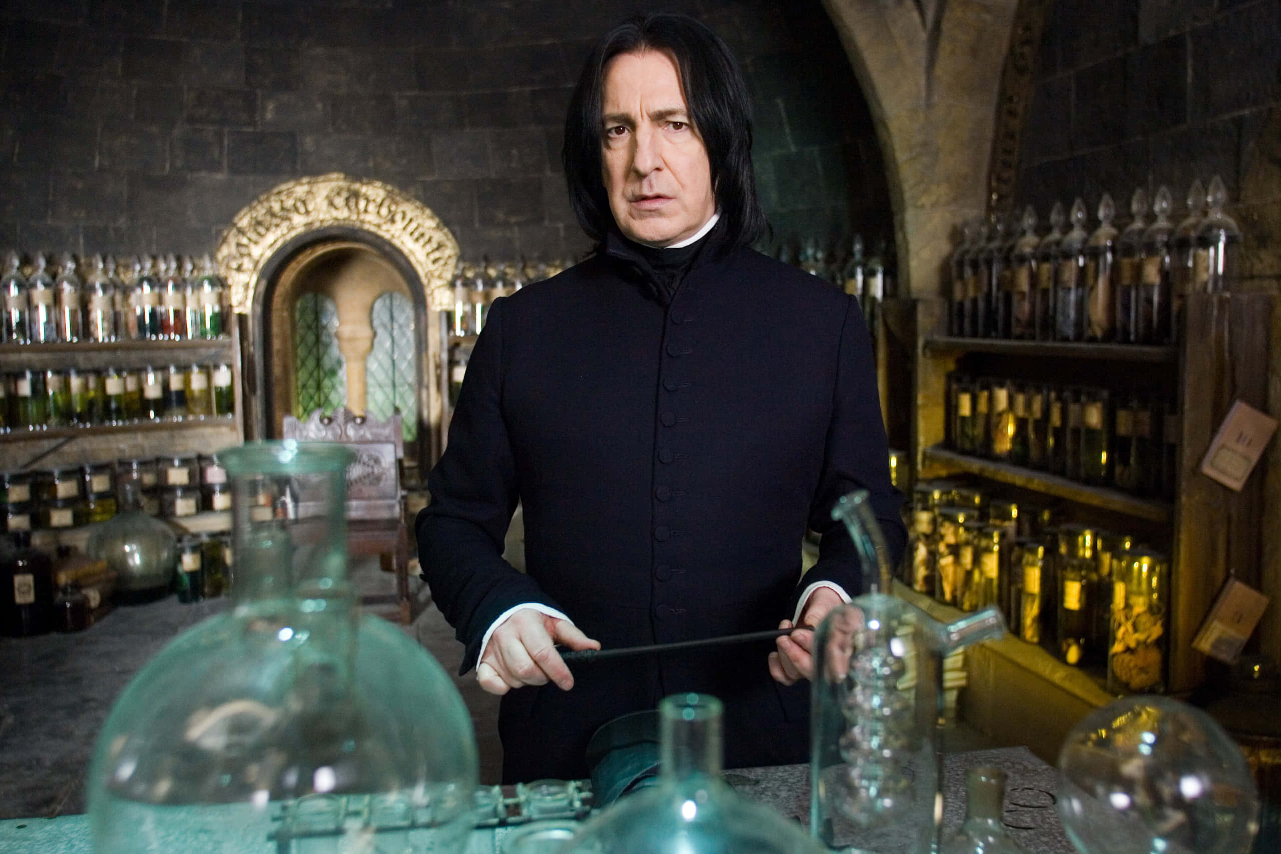 Severus Snape, potions classroom, wand, 2K Desktop Wallpaper