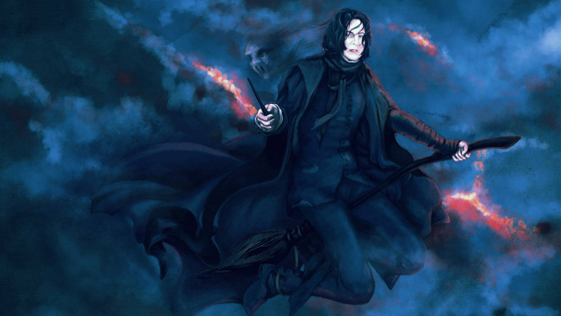 Severus Snape, broomstick, stormy blue clouds, Full HD Desktop Wallpaper