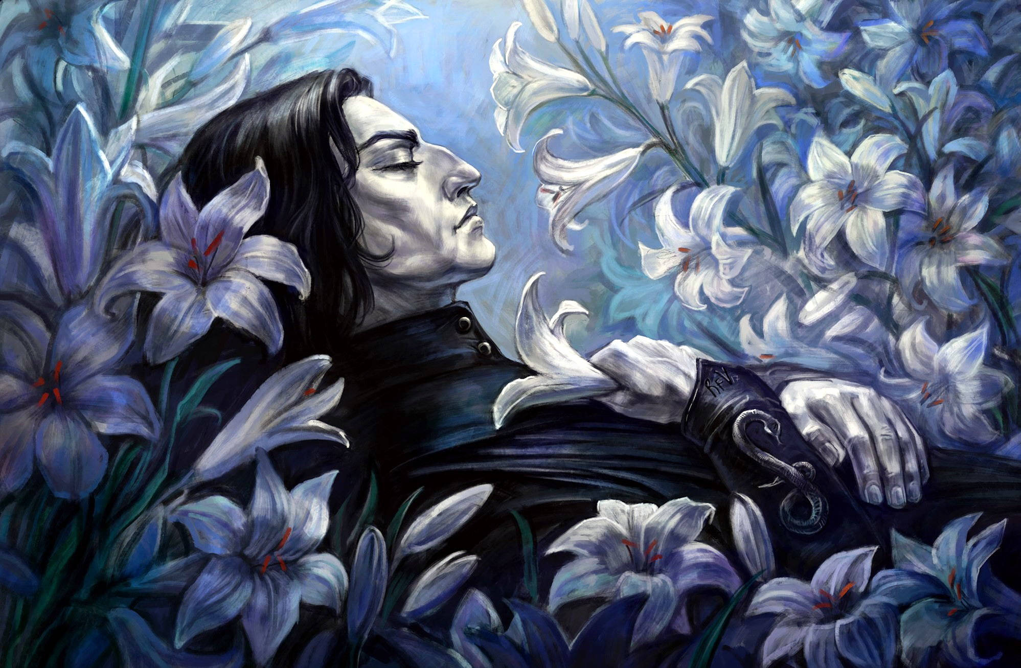 Severus Snape, white lilies, purple lilies, Full HD Desktop Wallpaper