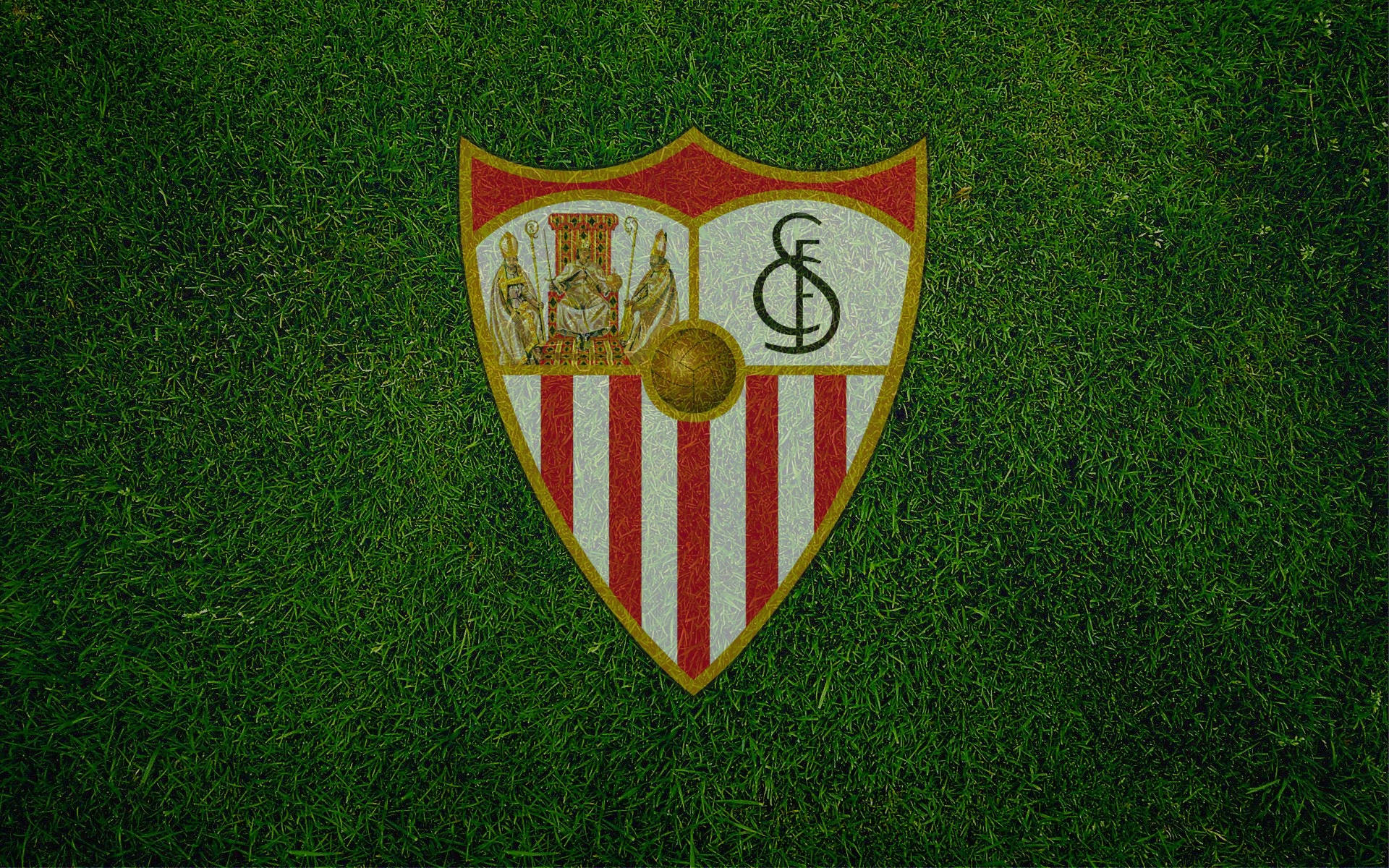 Sevilla FC, red and white stripes, golden emblem, Full HD Desktop Wallpaper