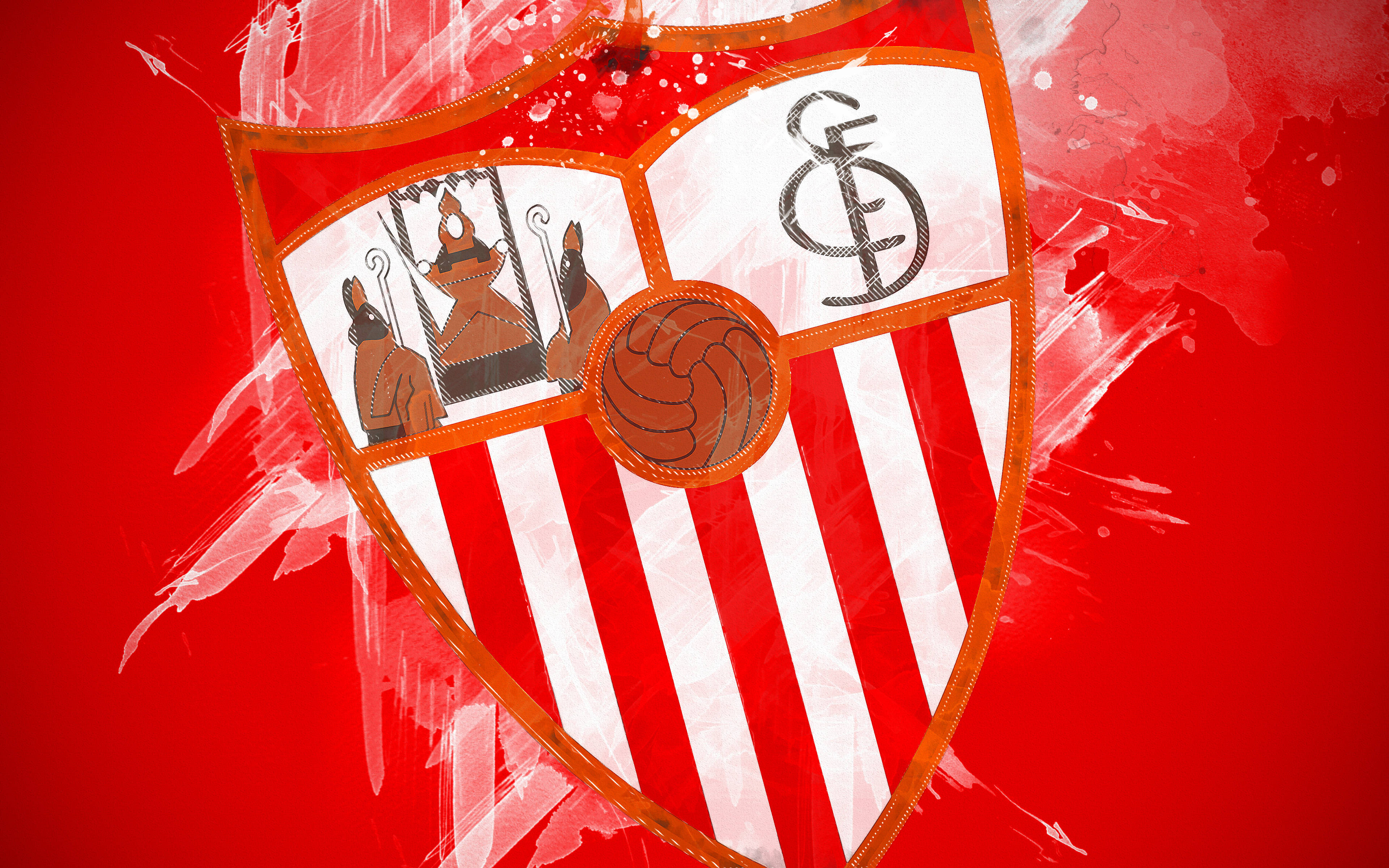 Sevilla FC, red and white striped shield emblem, soccer ball, 4K Desktop Wallpaper