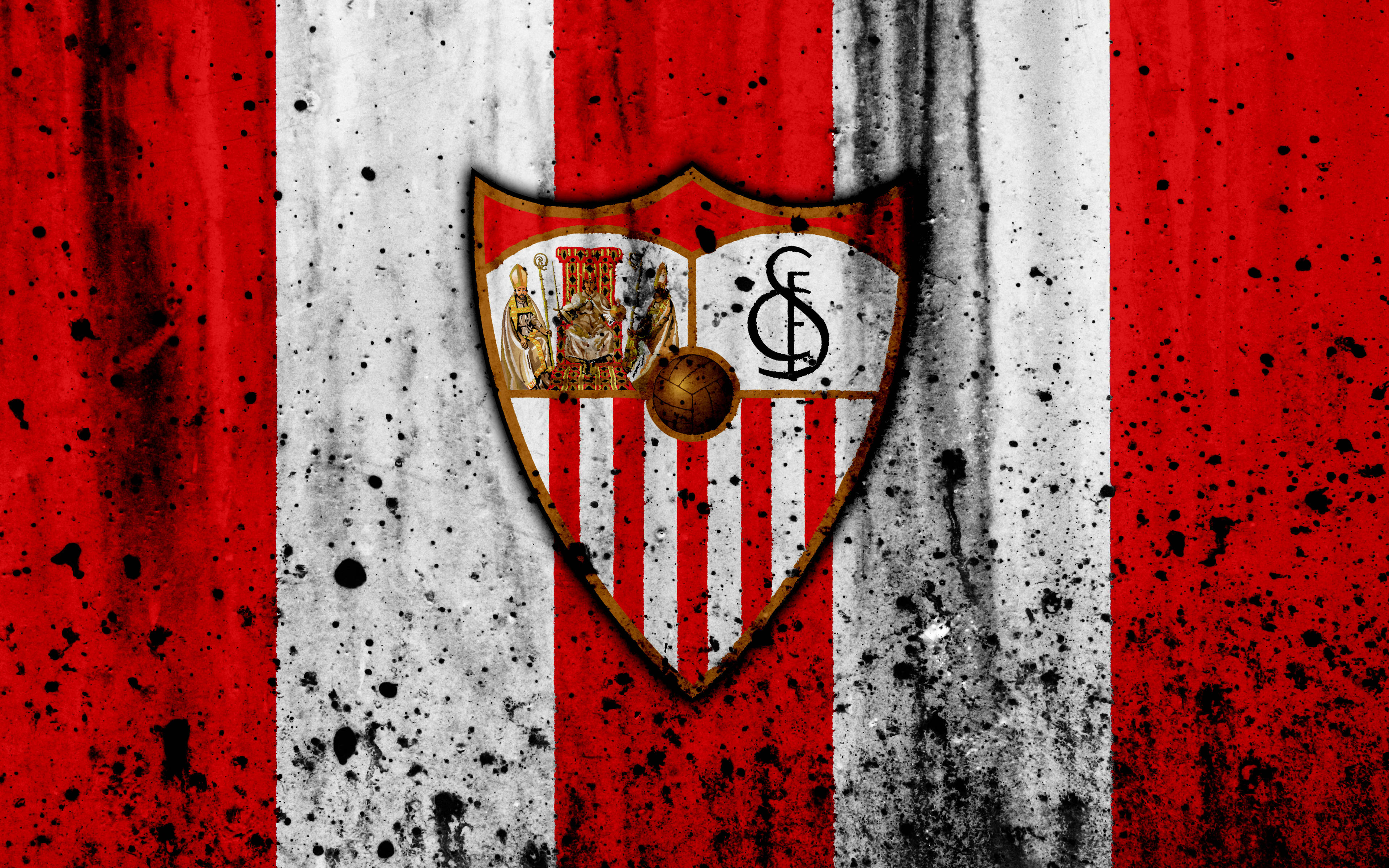 Sevilla FC, red and white striped background, Sevilla FC crest, 4K Desktop Wallpaper