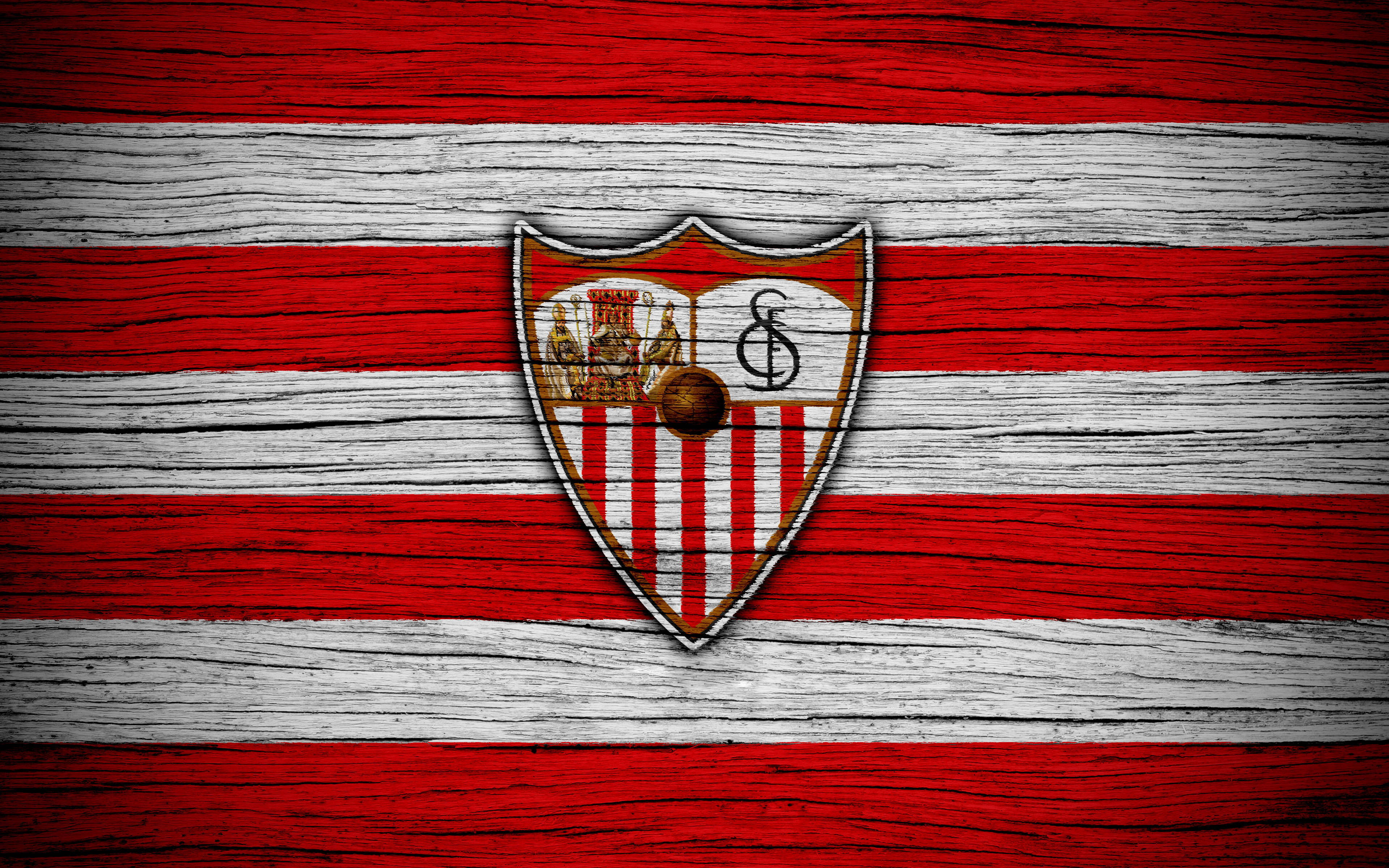 Sevilla FC, crest, red and white striped wooden background, 4K Desktop Wallpaper