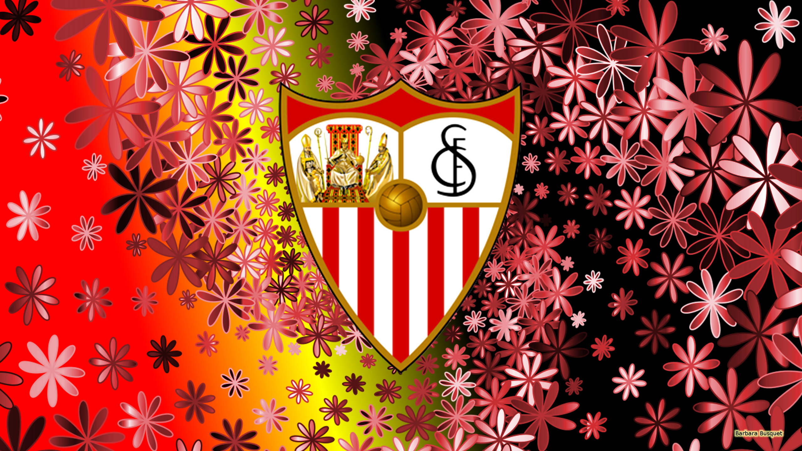 Sevilla FC, floral pattern, red yellow and black gradient, 2K Desktop Wallpaper