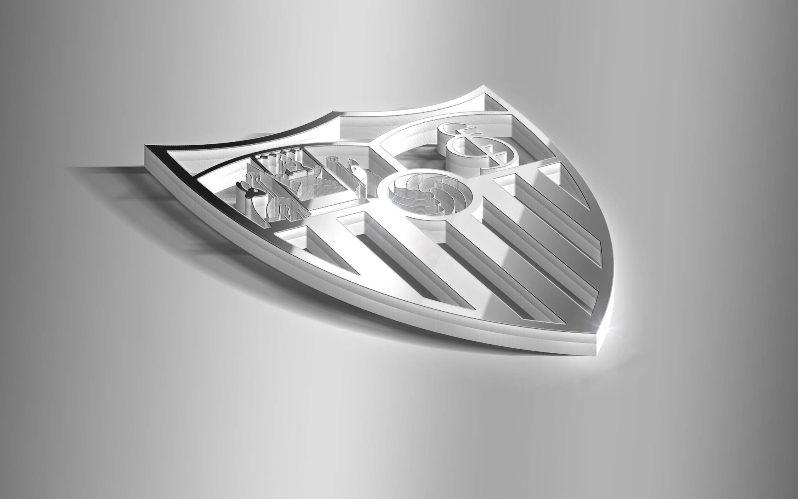 Sevilla FC Badge, metallic shield emblem, intricate geometric patterns, 2K Desktop Wallpaper