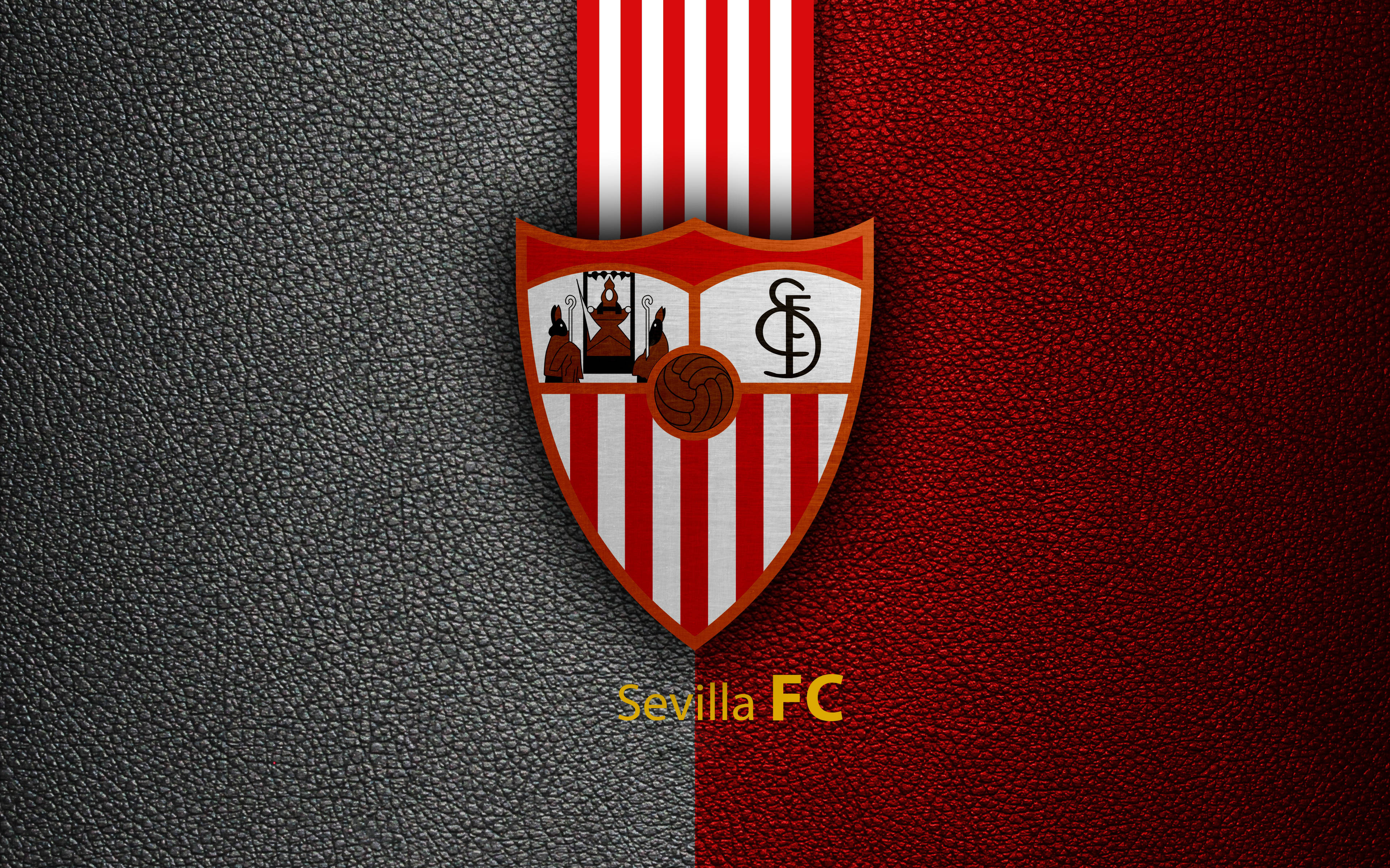 Sevilla FC, red and white stripes, textured black and red leather background, 4K Desktop Wallpaper