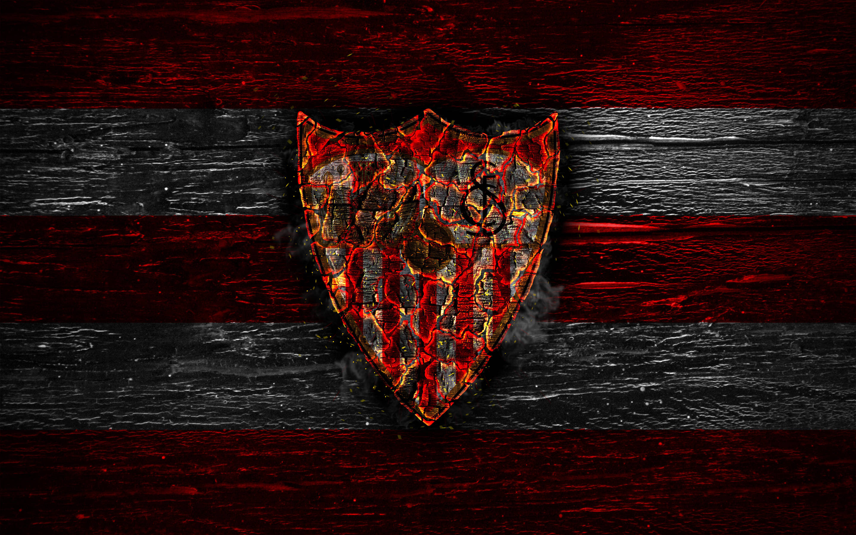 Sevilla FC, red banner, fiery shield emblem, 2K Desktop Wallpaper