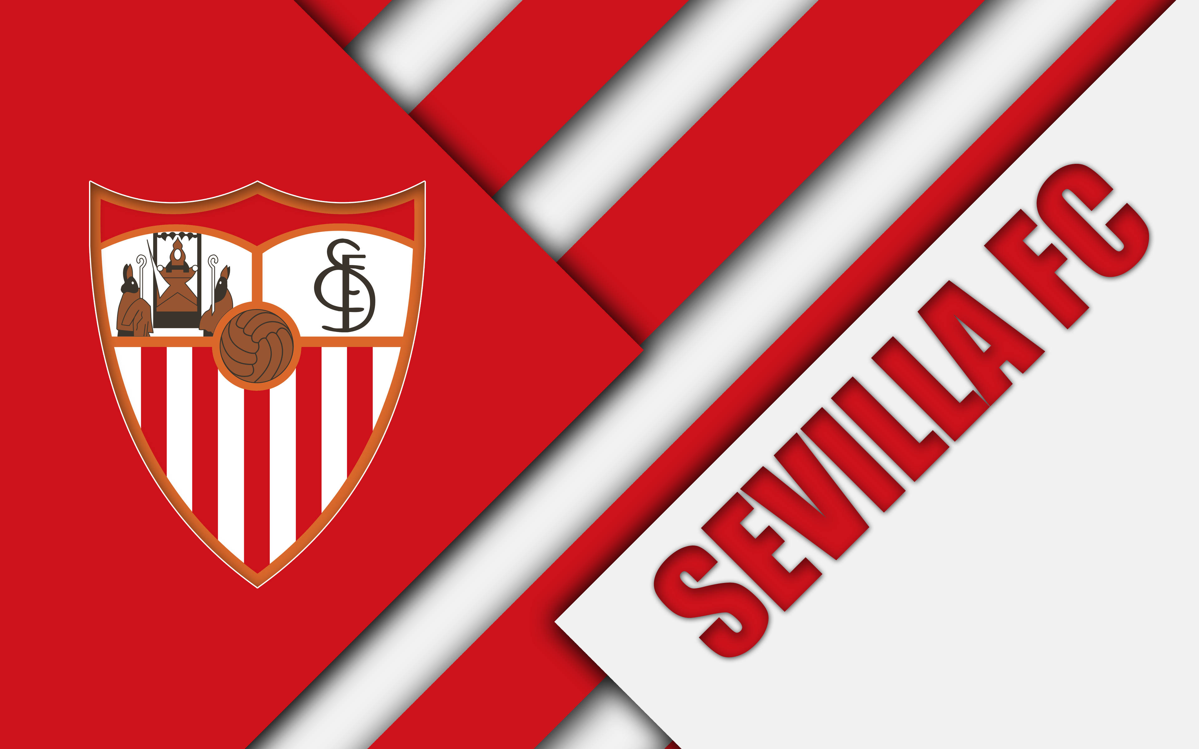 Sevilla FC, red and white diagonal stripes, Sevilla FC crest, 4K Desktop Wallpaper