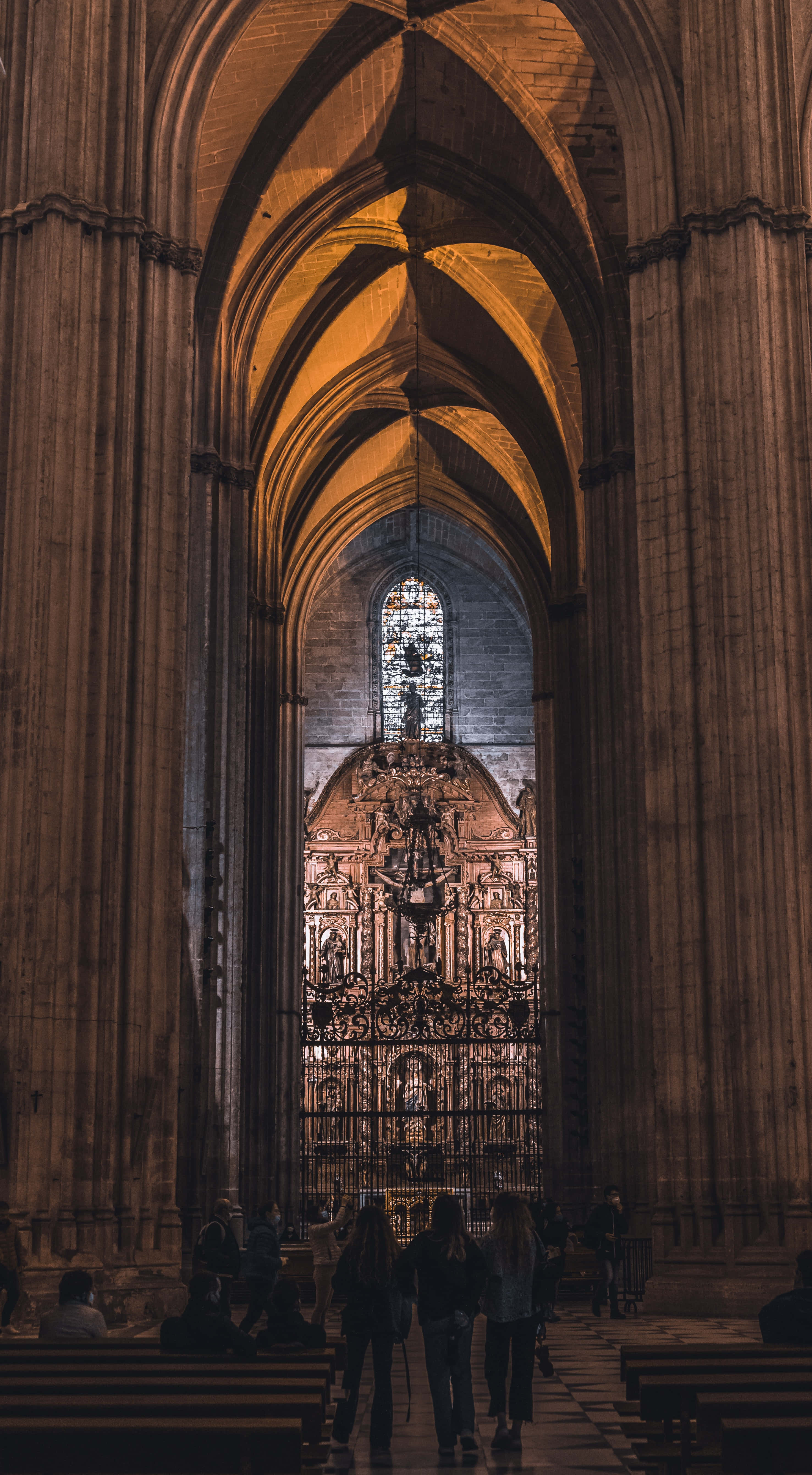 Seville Cathedral, stone arches, stained glass window, 5K Phone Wallpaper