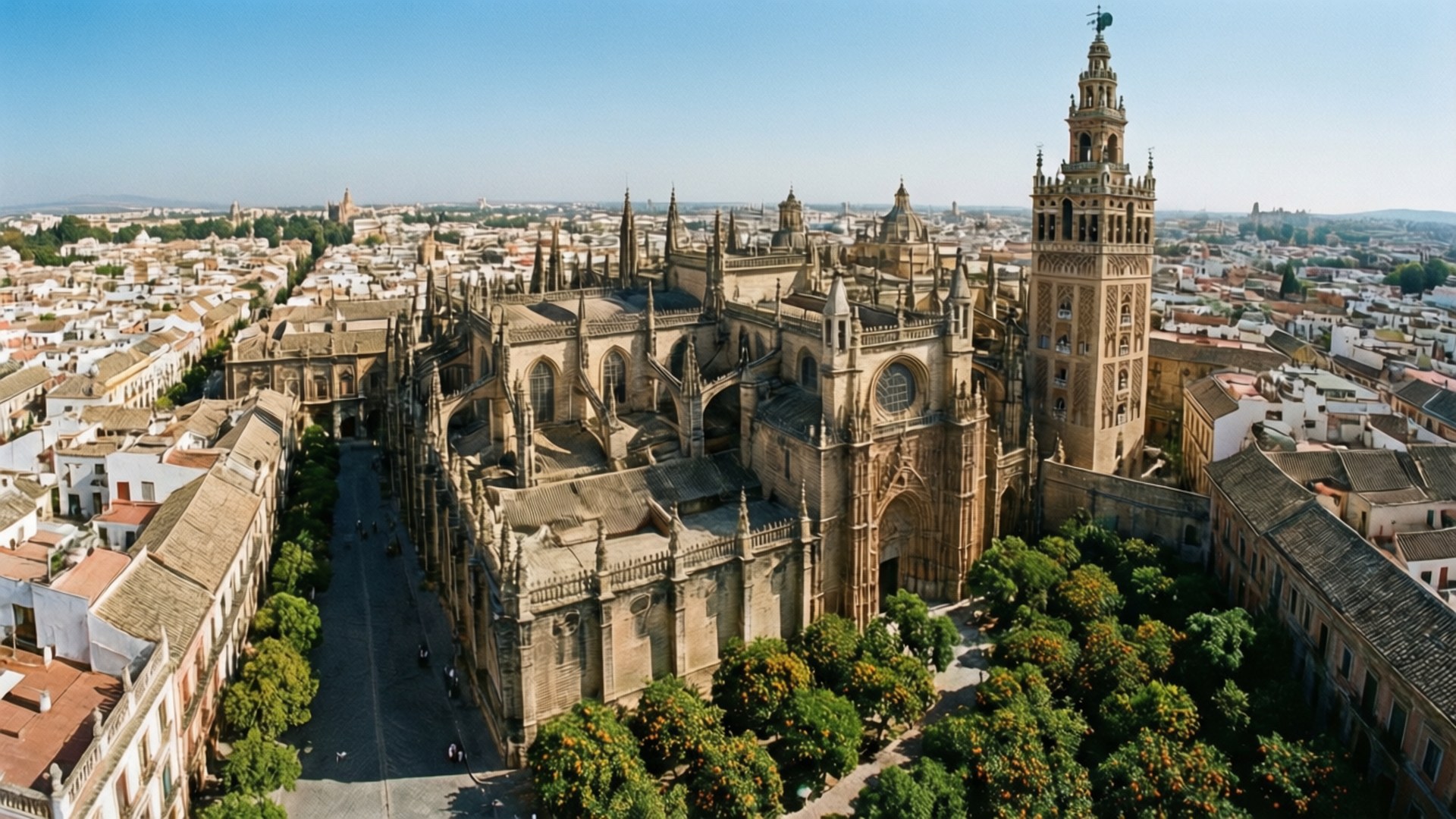 Seville Cathedral, courtyard, orange trees, Full HD Desktop Wallpaper