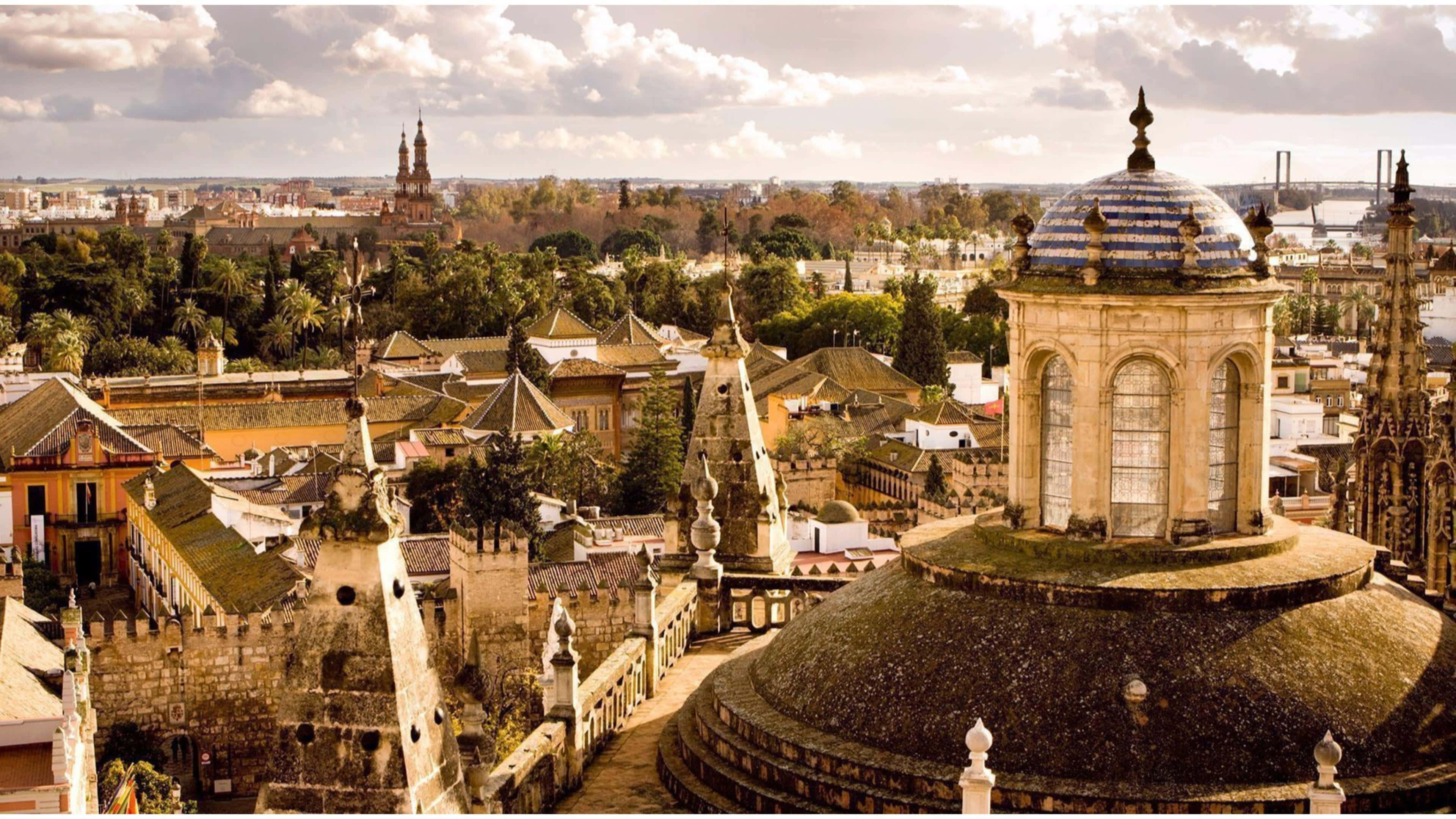 Seville Cathedral, warm tint, historic rooftops, 4K Desktop Wallpaper