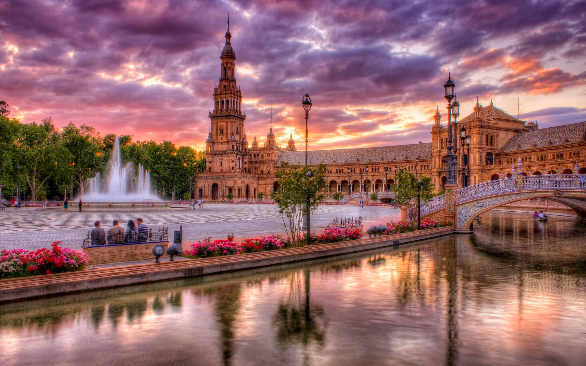 Seville, sunset, historic plaza, Full HD Desktop Wallpaper