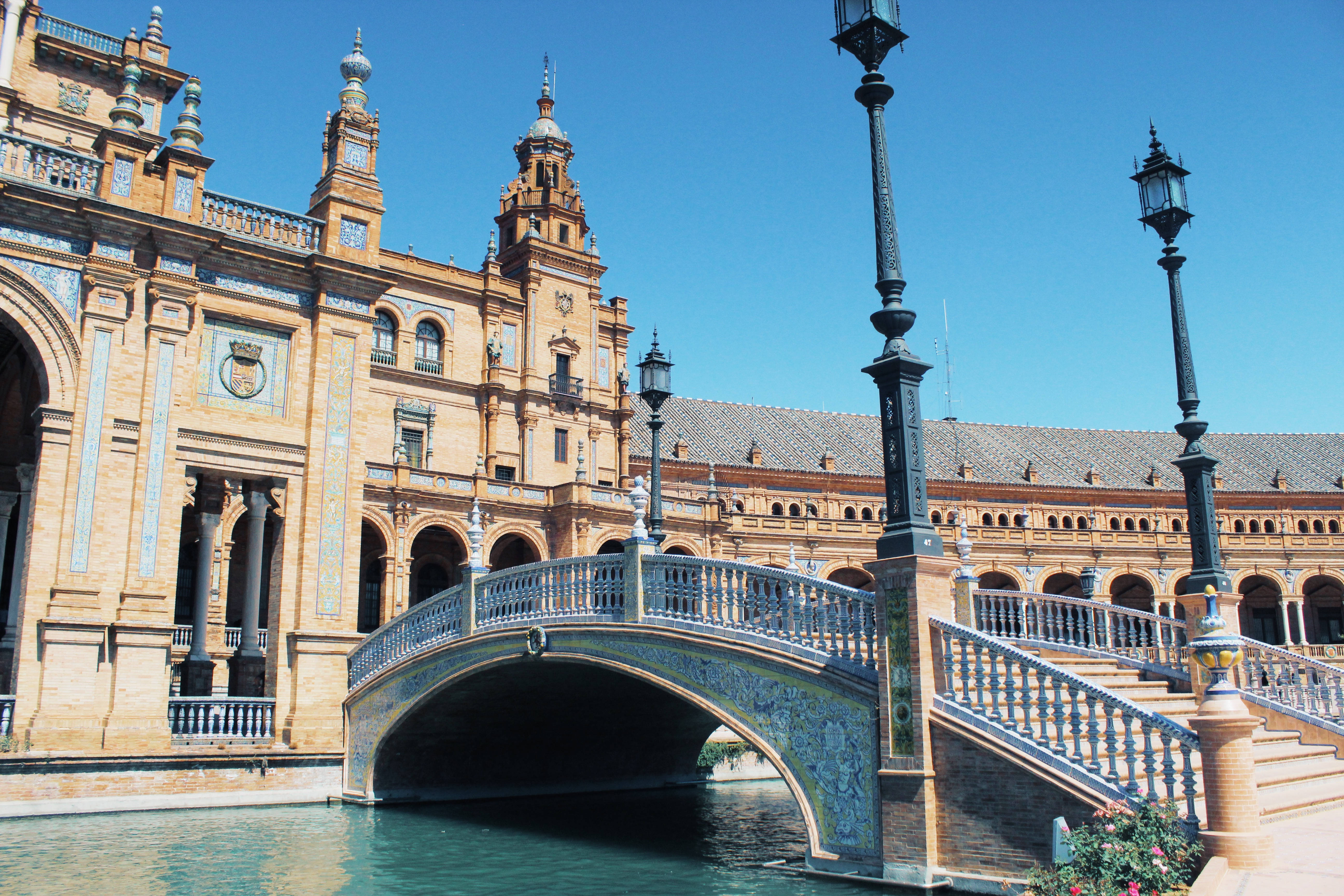 Seville, canal bridge, blue tiled railings, 5K Desktop Wallpaper
