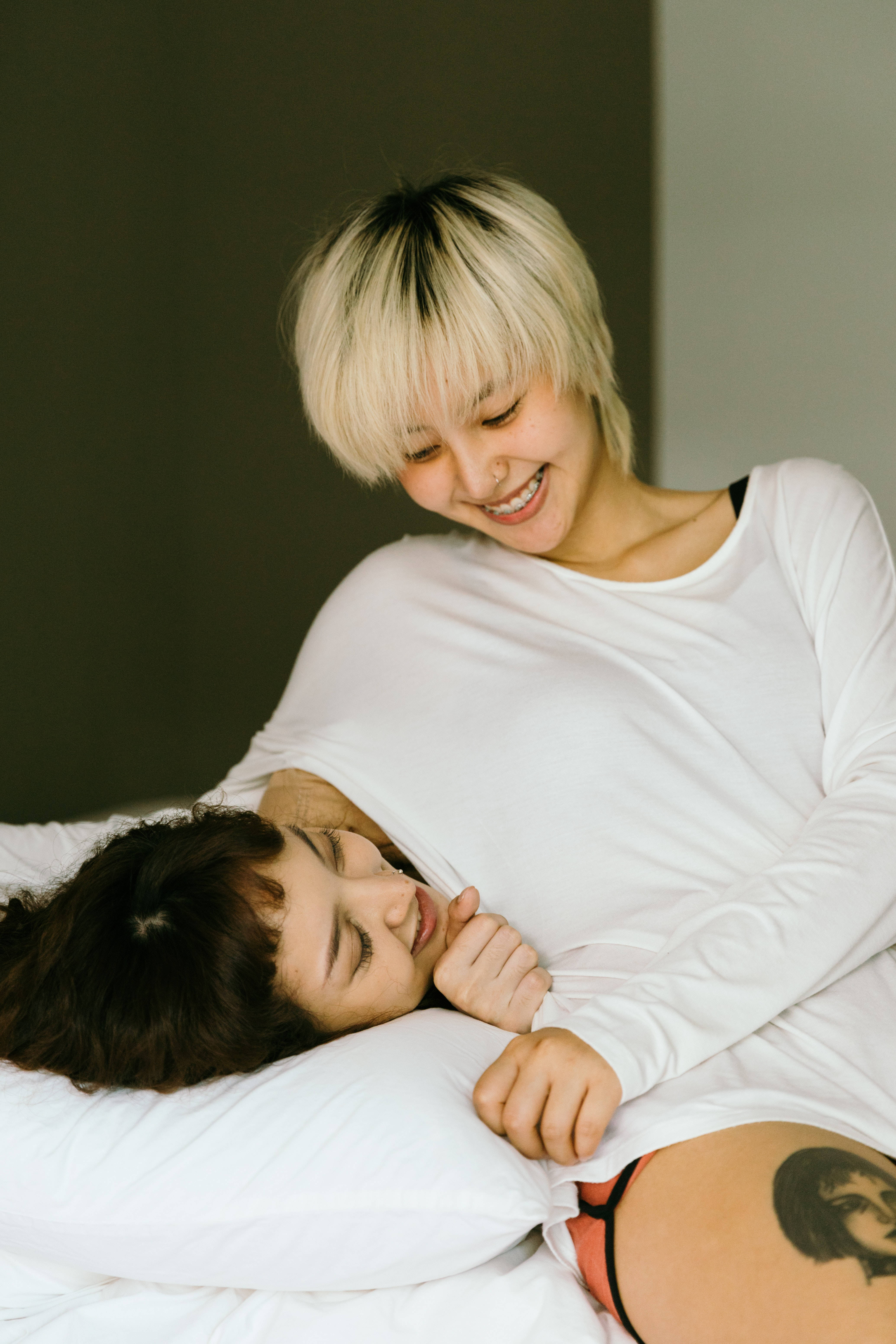 bed, white linens, two women, 5K Phone Wallpaper