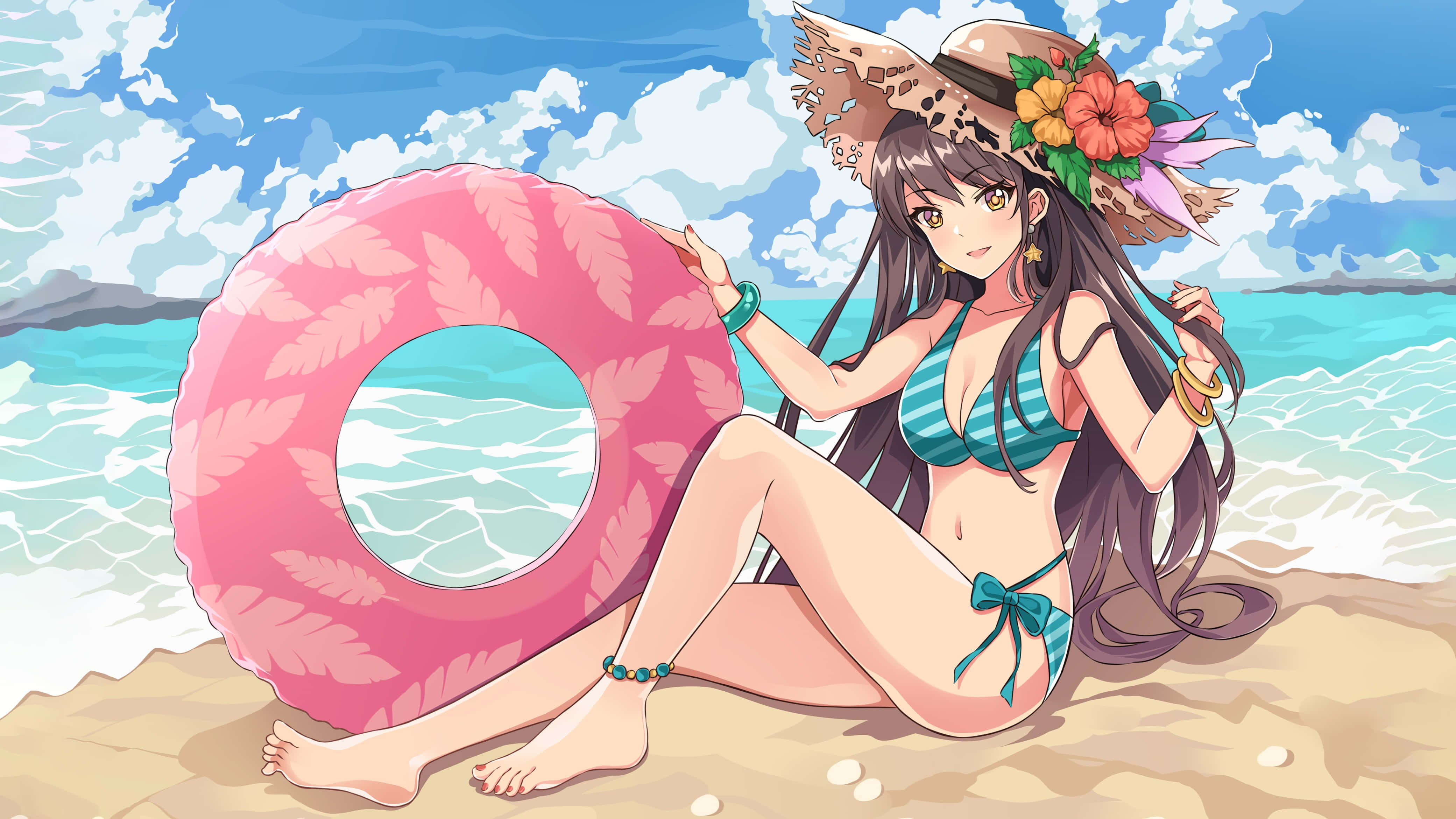 anime girl, blue bikini, floral hat, 4K Desktop Wallpaper