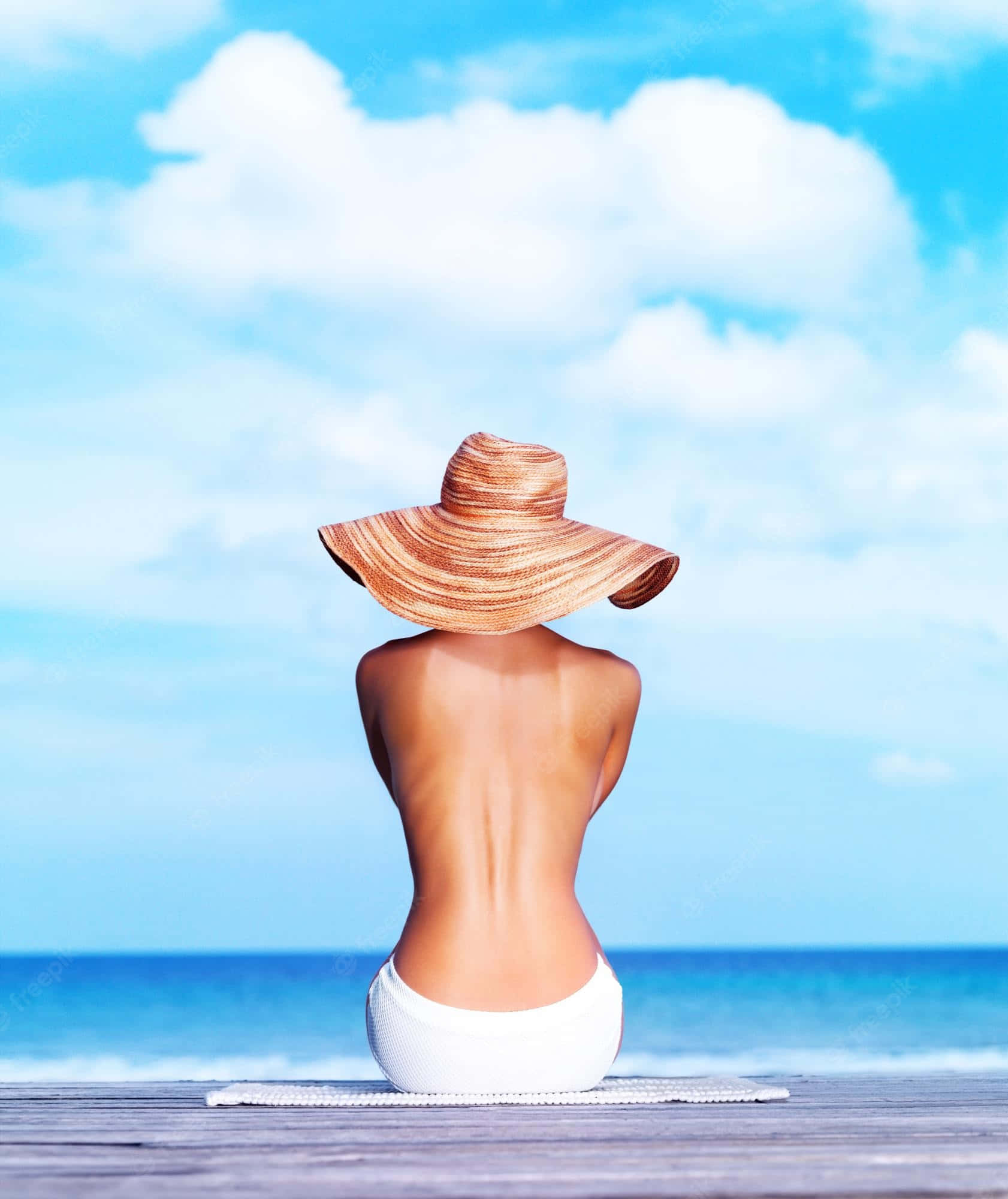straw hat, wooden pier, ocean, Full HD Phone Wallpaper
