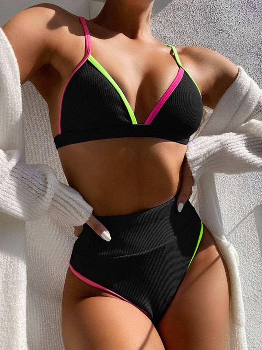 black bikini, neon pink and green trim, white wall, HD Phone Wallpaper