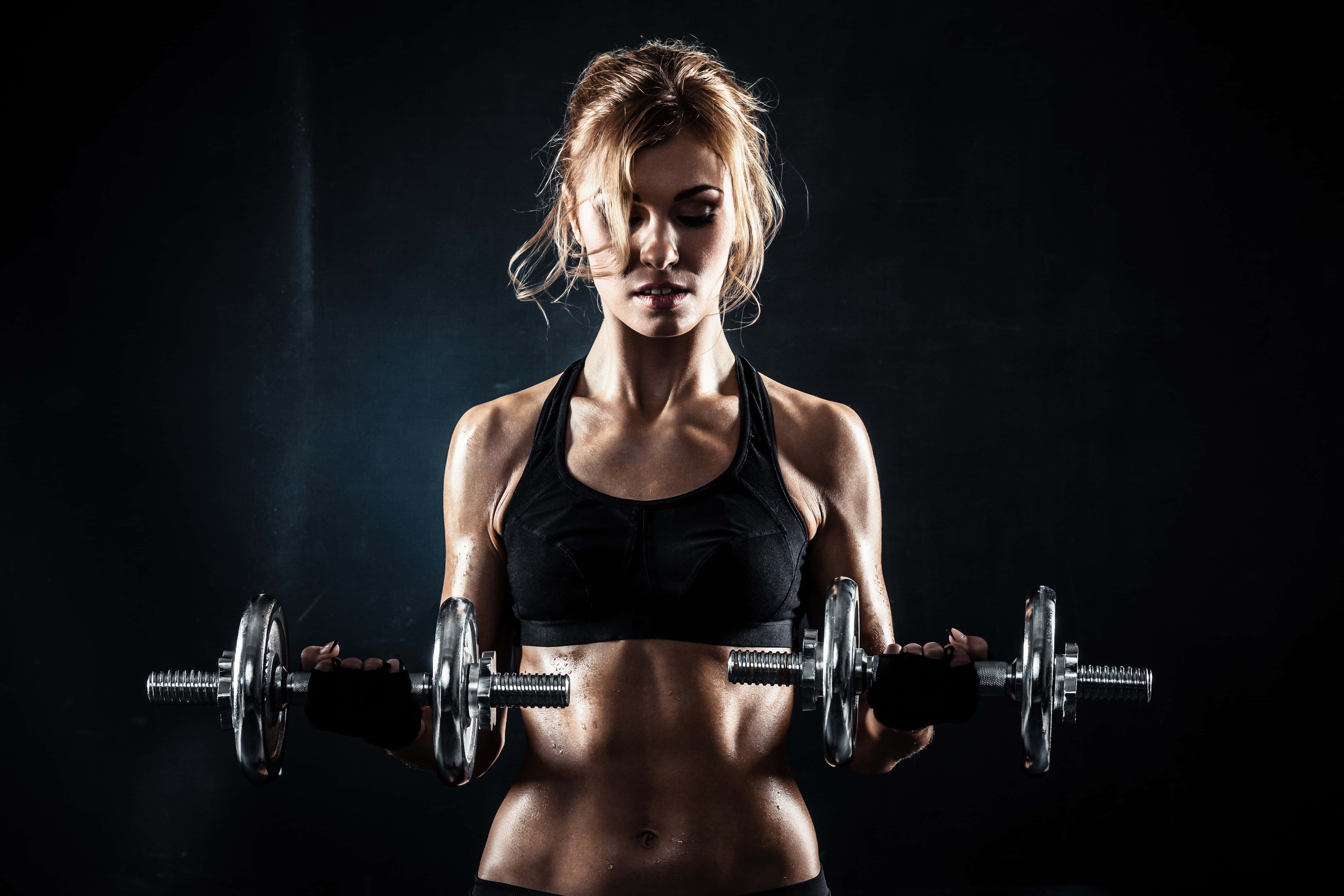 woman, sexy pose, weights, 5K Desktop Wallpaper