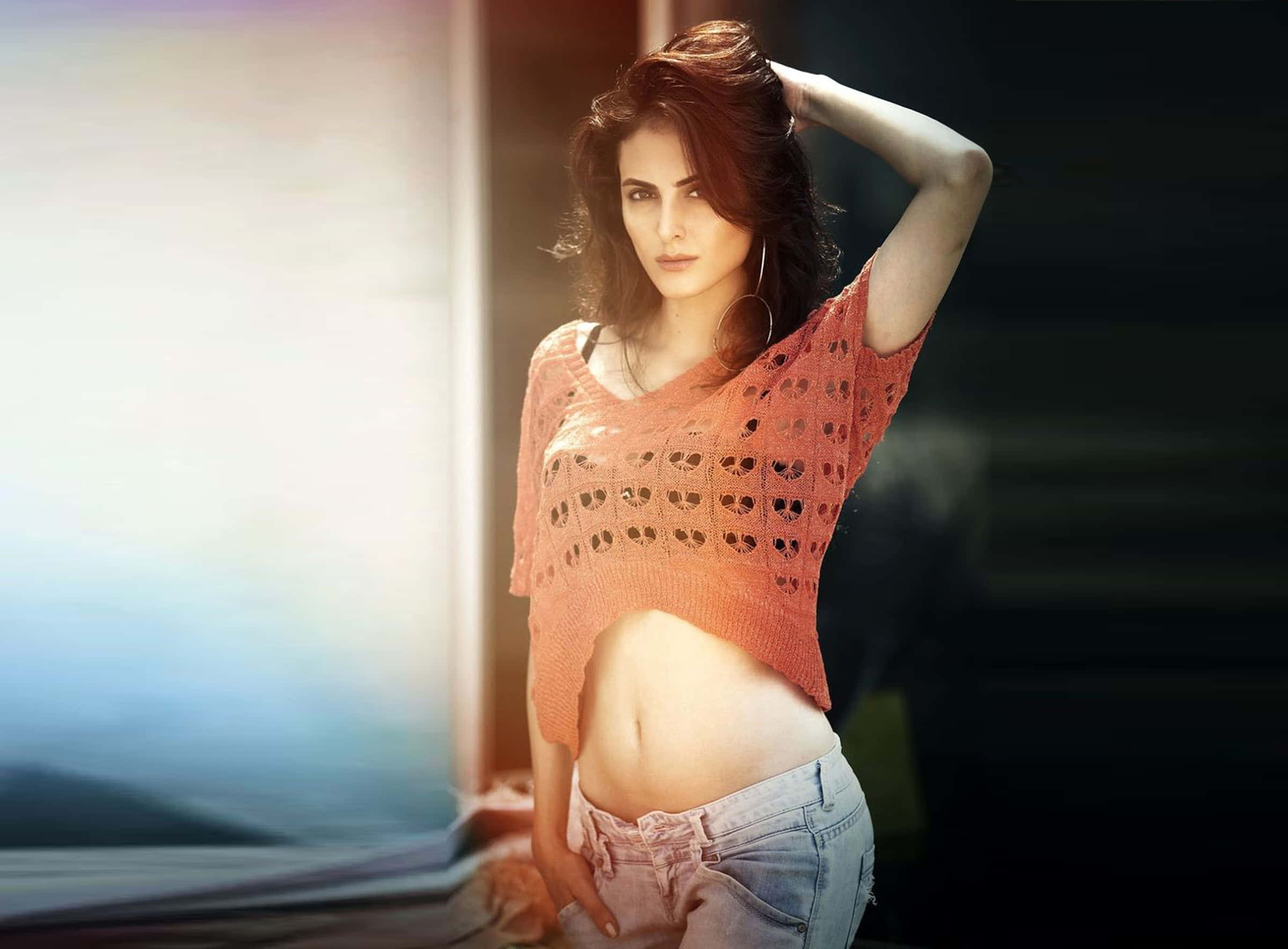 coral crochet top, dark hair, jeans, Full HD Desktop Wallpaper