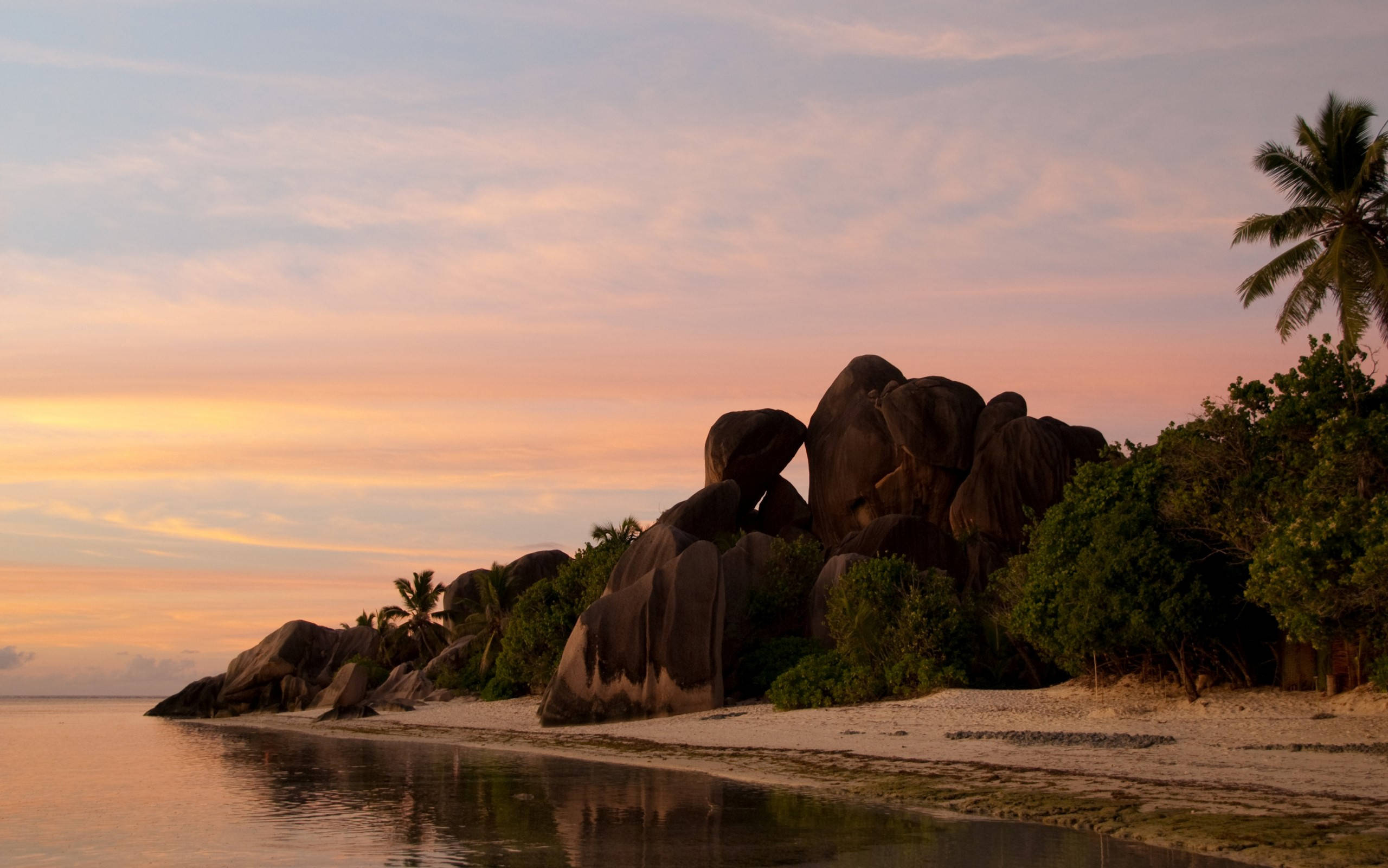 Seychelles Beach, sunset, tropical beach, 2K Desktop Wallpaper