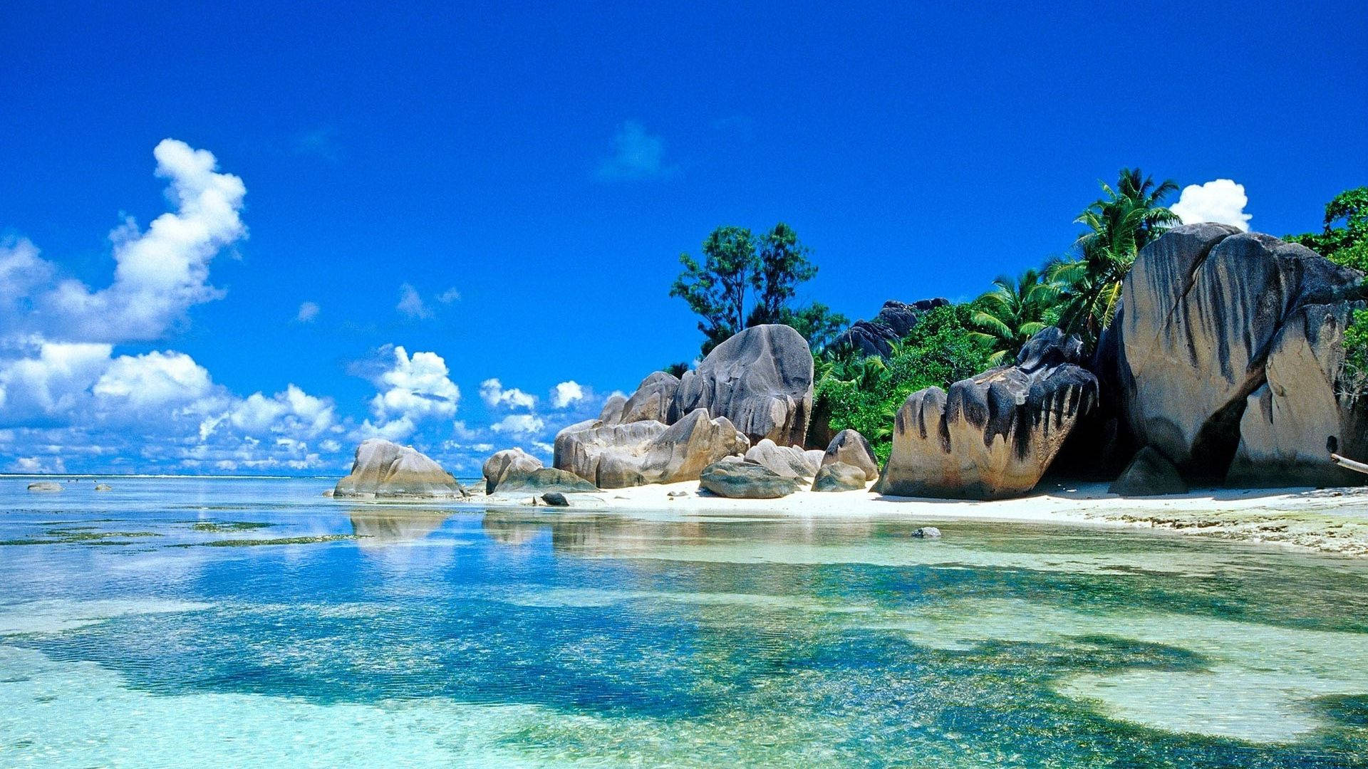 Seychelles Beach, turquoise waters, white sandy shore, Full HD Desktop Wallpaper
