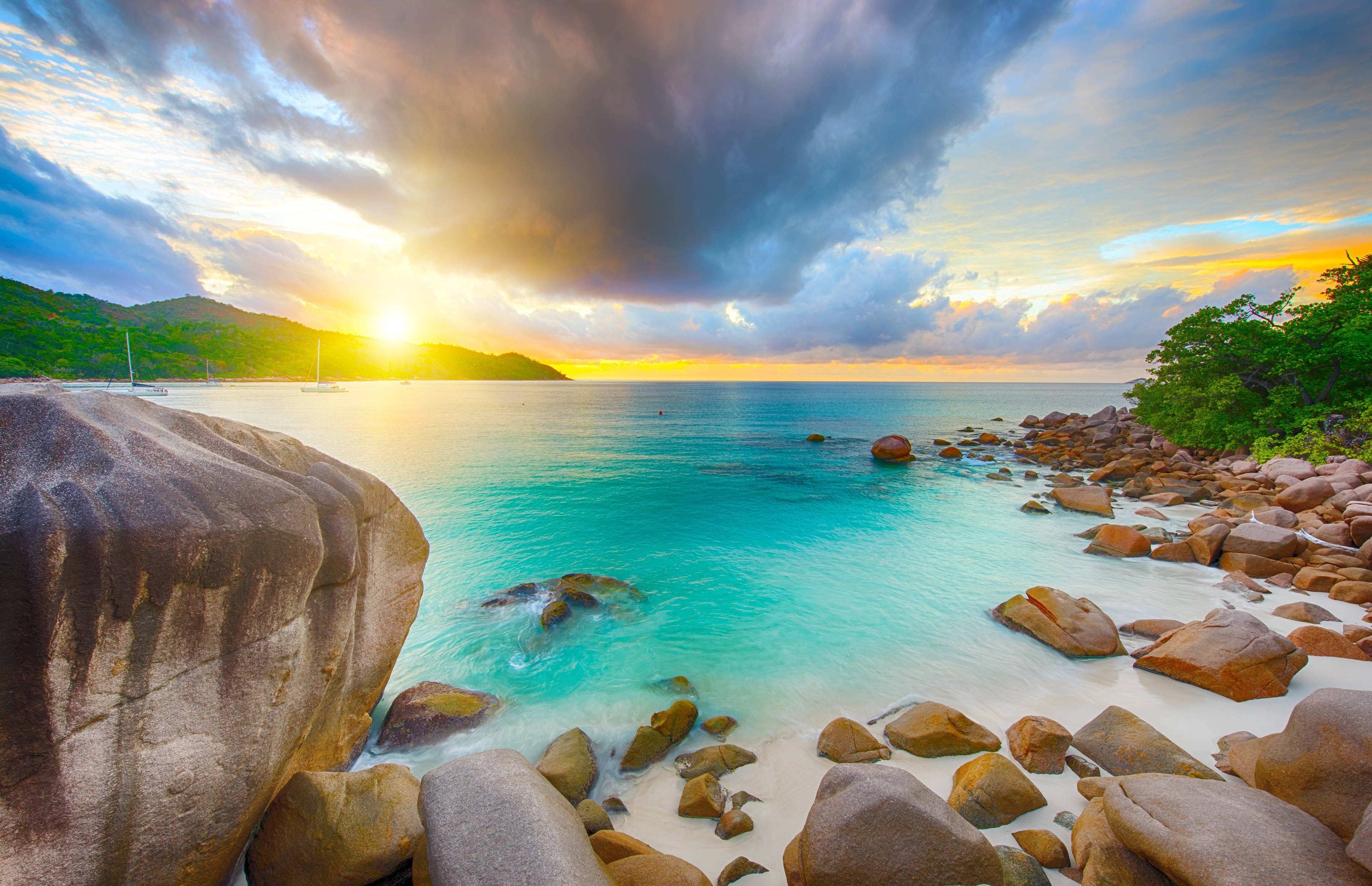 Seychelles, sunset, turquoise waters, 2K Desktop Wallpaper