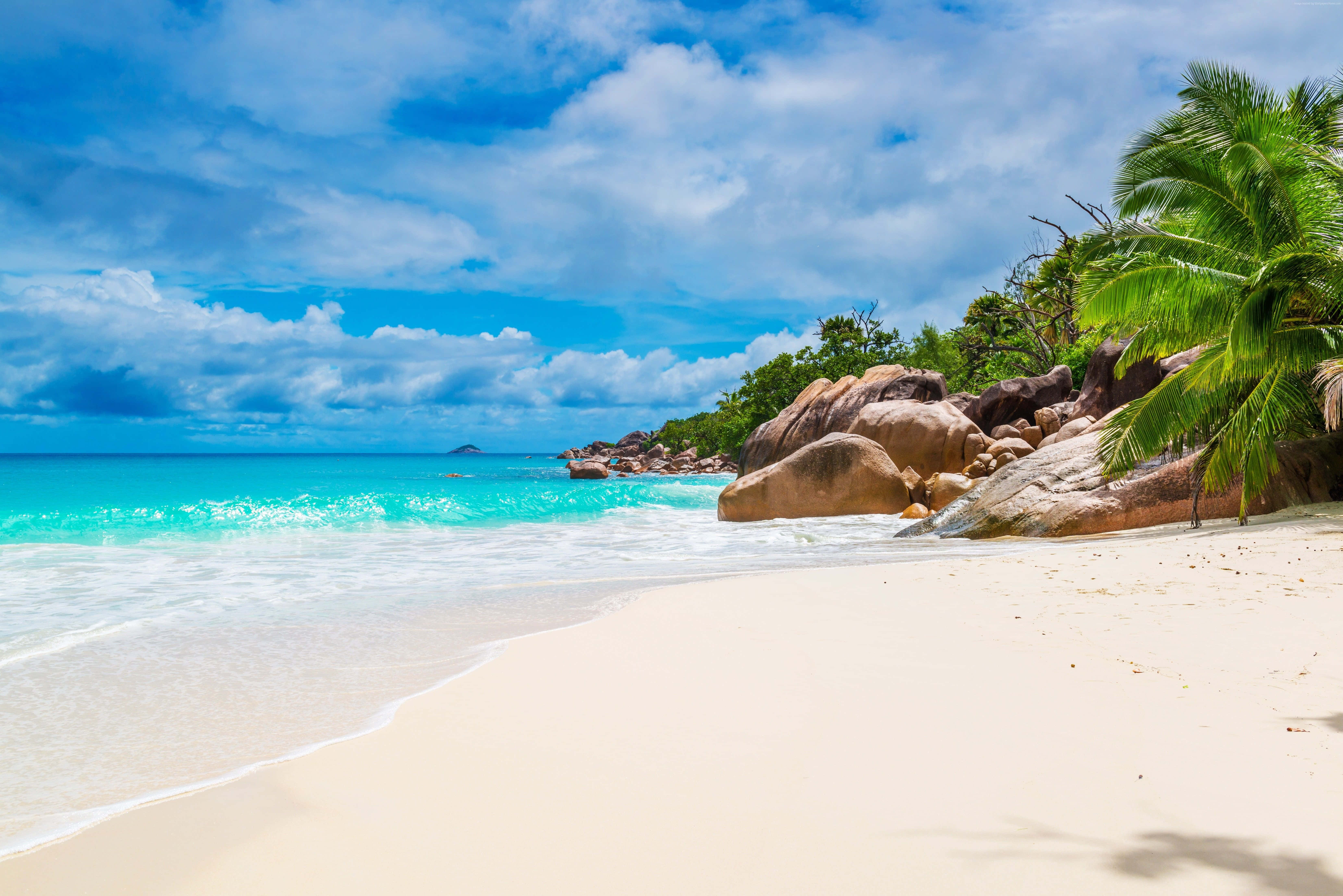 Seychelles Beach, turquoise waves, white sand, 5K Desktop Wallpaper