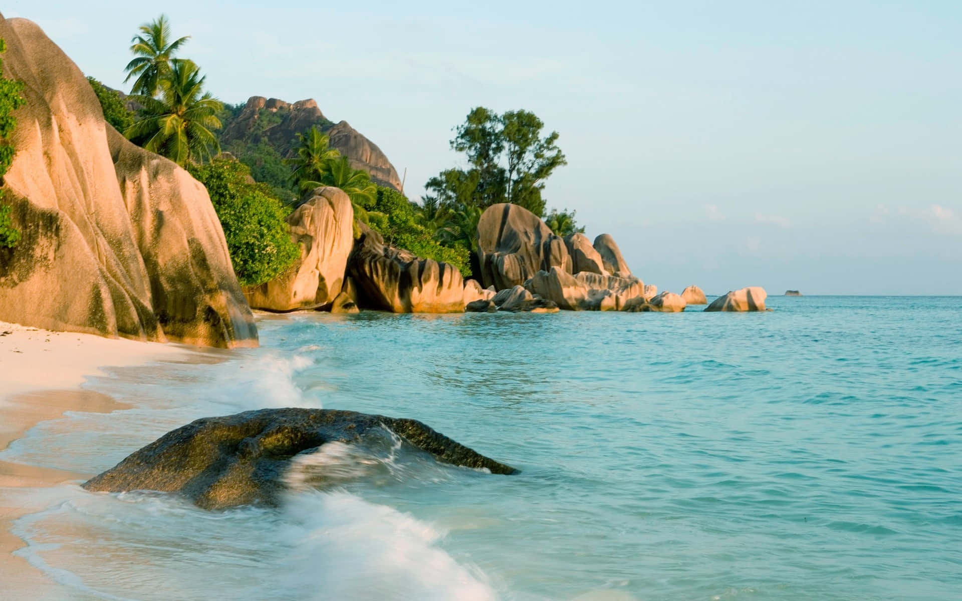 Seychelles Beach, turquoise waters, giant boulders, Full HD Desktop Wallpaper