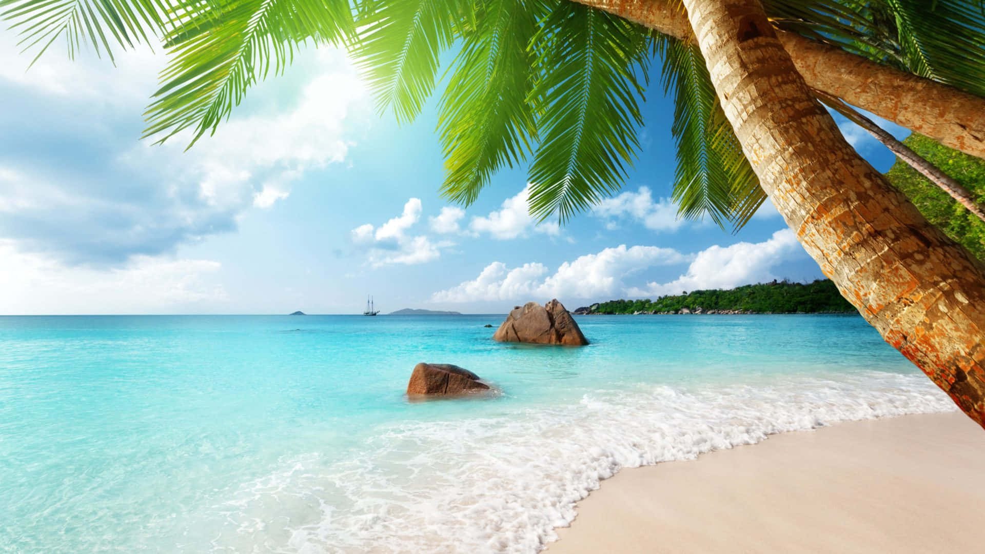 Seychelles Beach, turquoise waters, gentle waves, Full HD Desktop Wallpaper