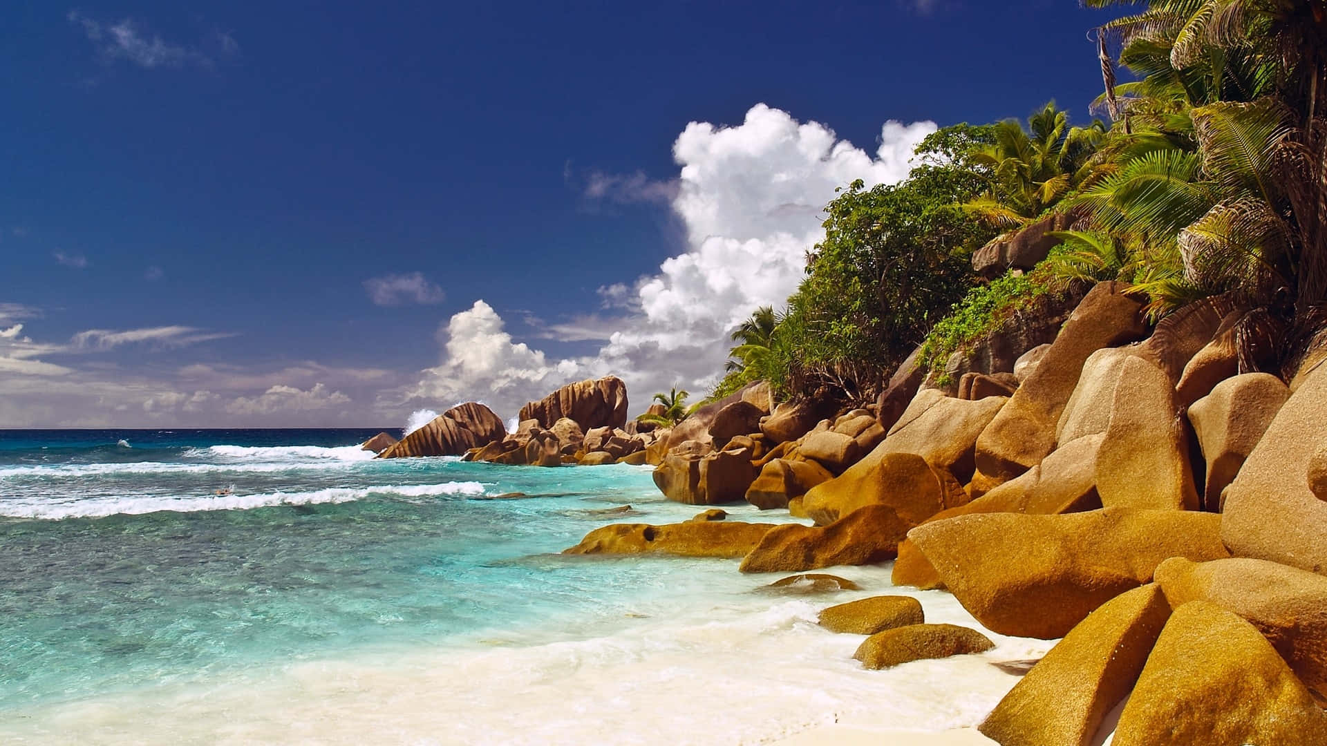 Seychelles Beach, turquoise waters, white sand, Full HD Desktop Wallpaper