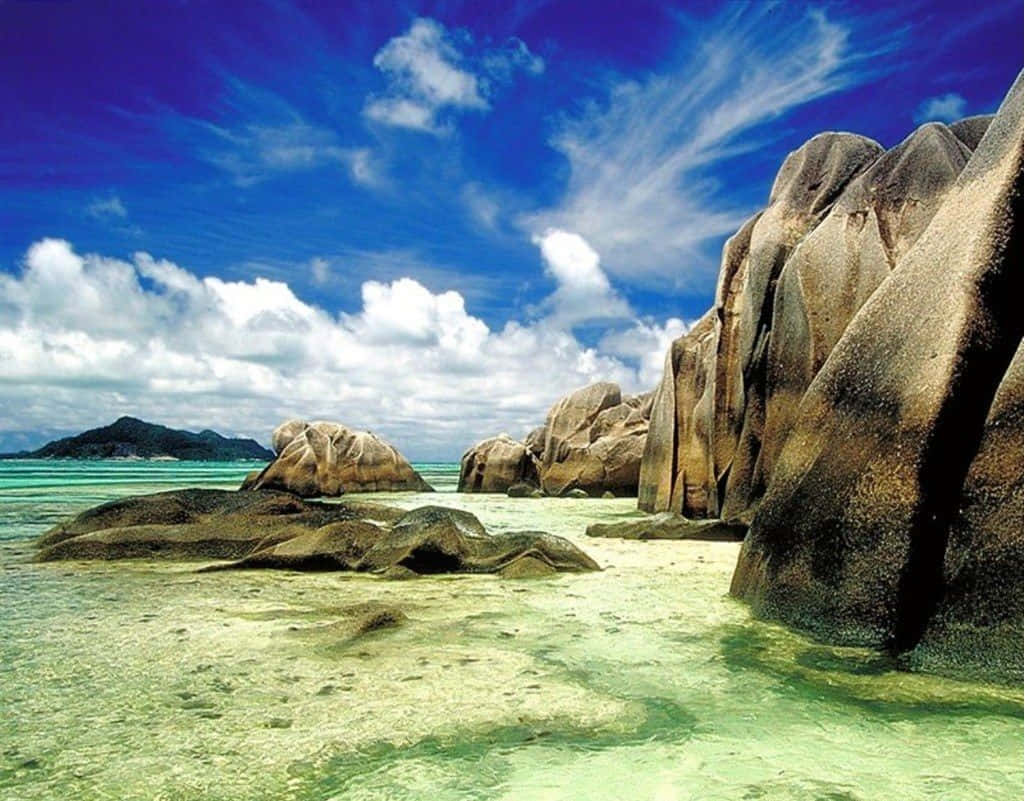 Seychelles Beach, granite boulders, turquoise waters, SD Desktop Wallpaper