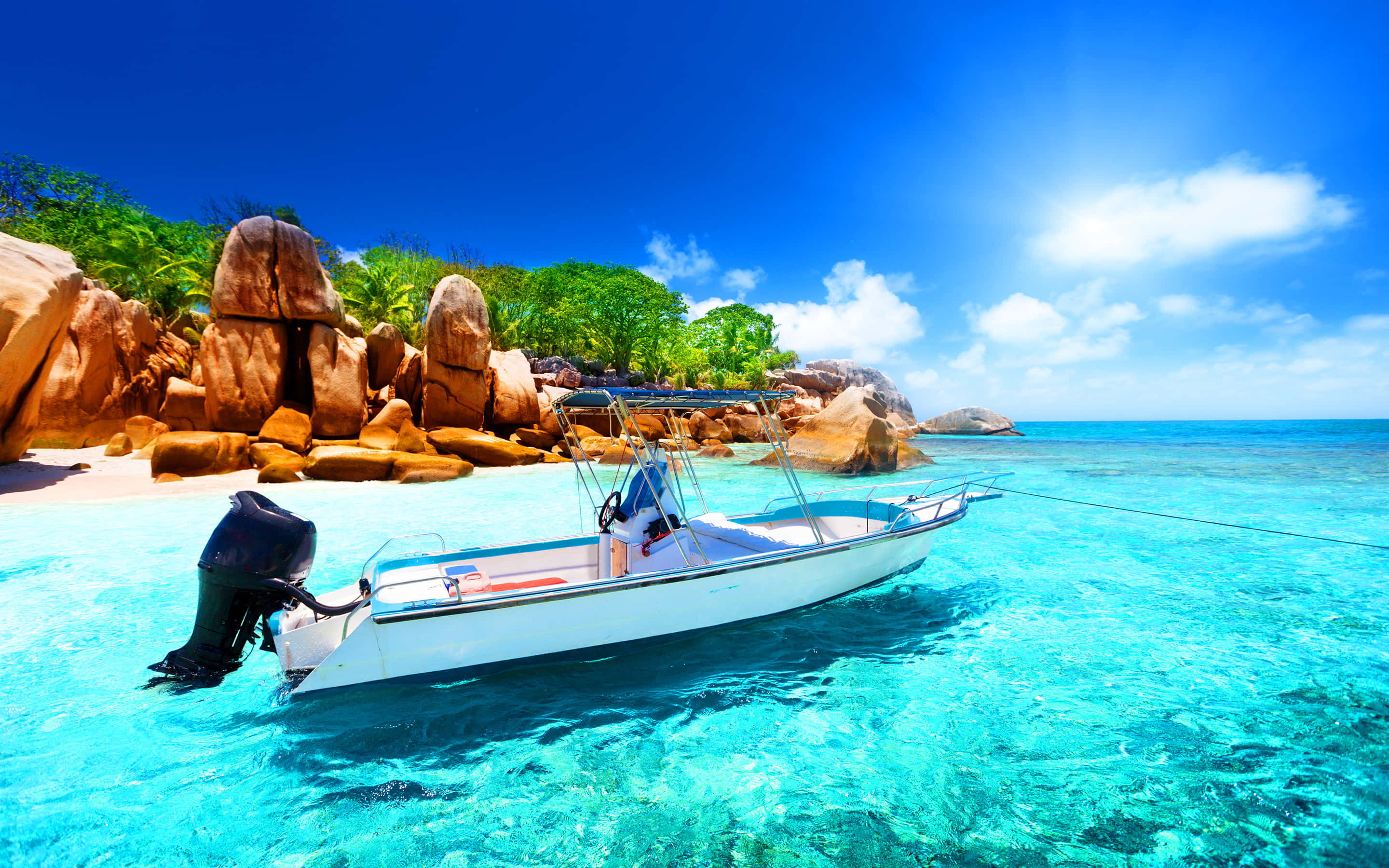 Seychelles, white motorboat, crystal clear turquoise waters, 2K Desktop Wallpaper
