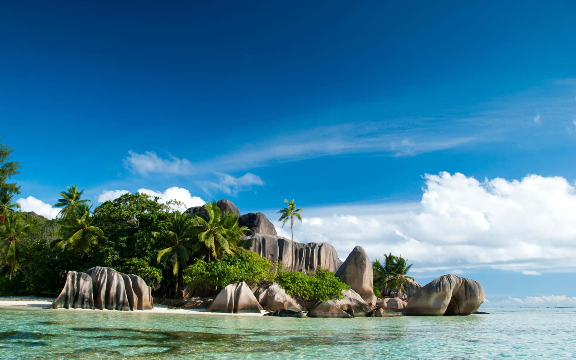 Seychelles, granite boulders, palm trees, Full HD Desktop Wallpaper