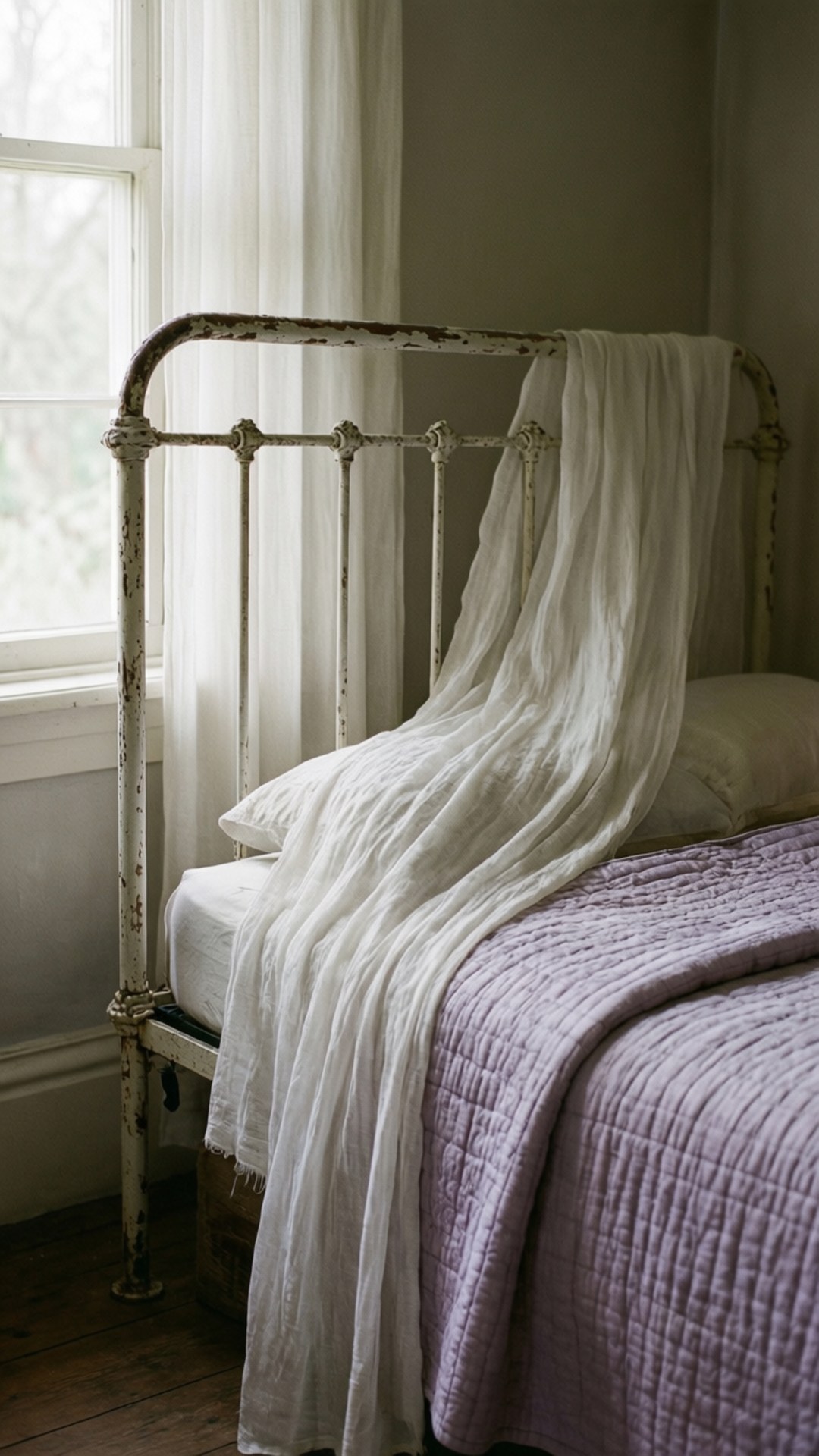 shabby chic bedroom, iron bed, linen, Full HD Phone Wallpaper