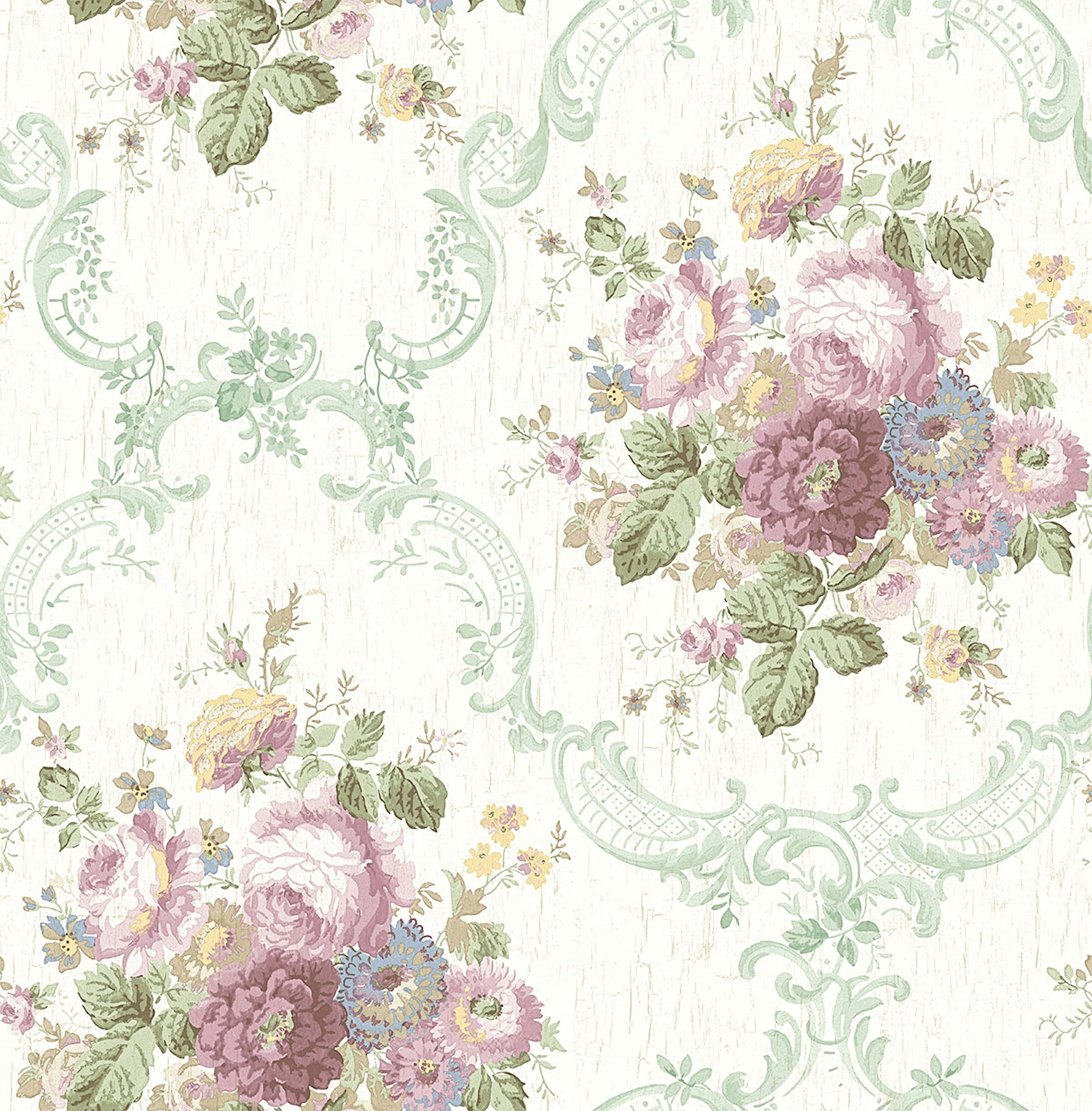 Shabby Chic, pastel floral bouquets, ornate green scrollwork, 2K Phone Wallpaper