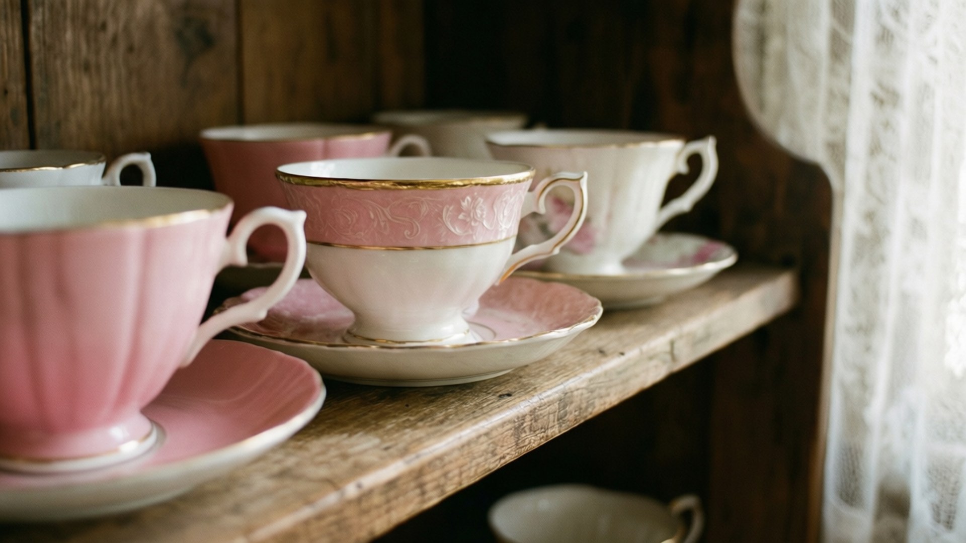 vintage teacup shelf, rustic shelf, lace, Full HD Desktop Wallpaper
