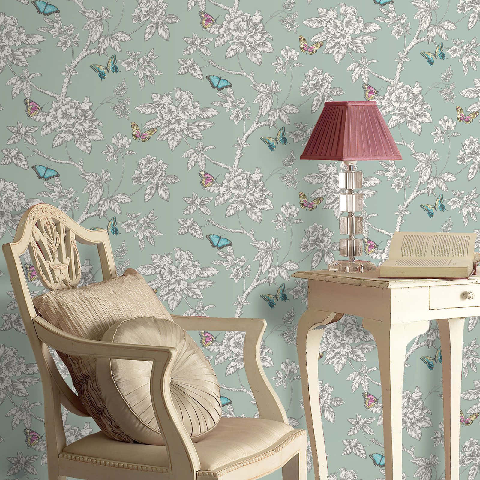 mint green wallpaper, white floral vines, colorful butterflies, HD Desktop Wallpaper