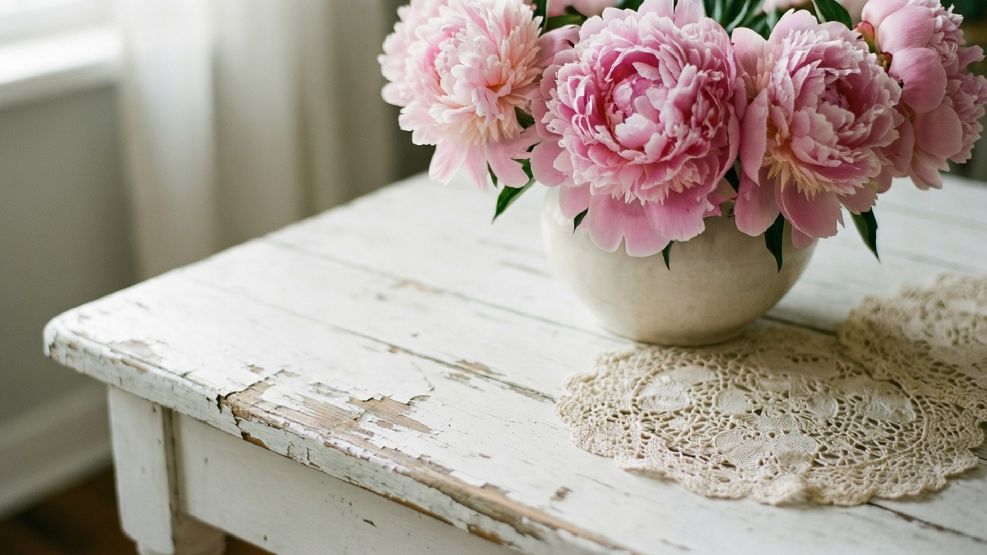 weathered table, pink peonies, lace, Full HD Desktop Wallpaper