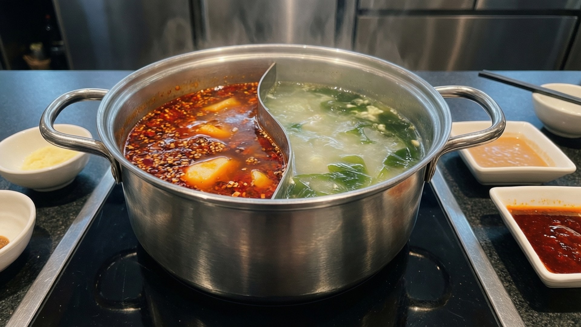 dual broth shabu shabu, stainless steel hot pot, spicy red broth, Full HD Desktop Wallpaper