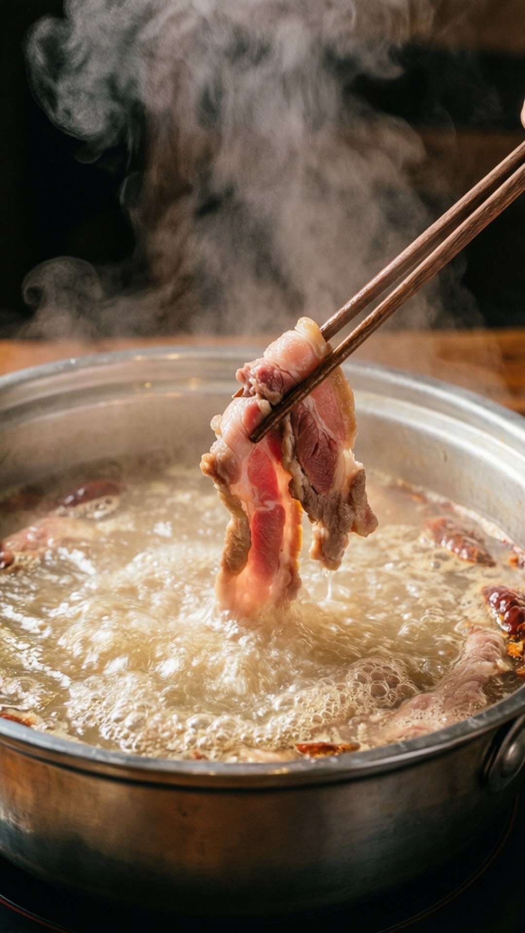 raw beef, steaming bubbling hot pot, chopsticks, Full HD Phone Wallpaper