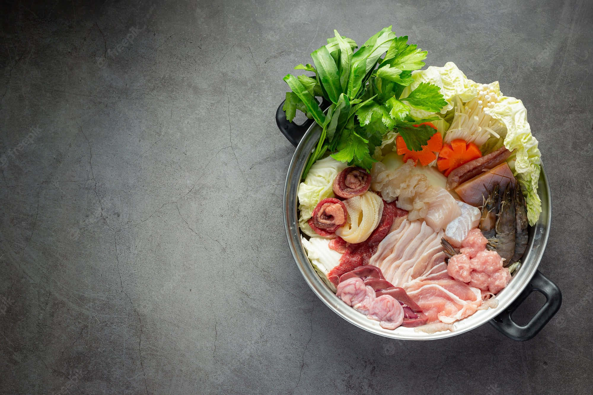 shabu shabu, metal pot, raw meats, Full HD Desktop Wallpaper