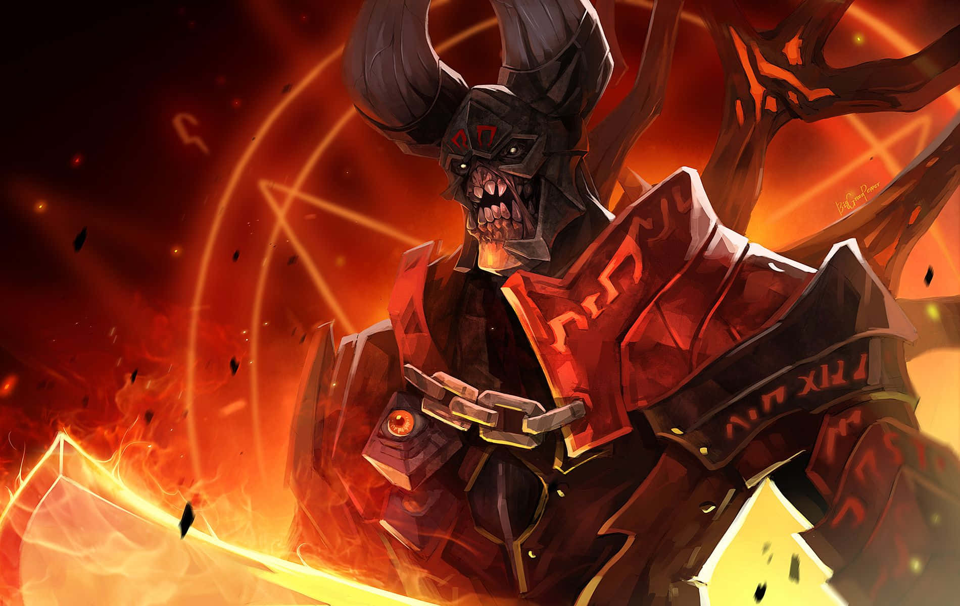 Shadow Fiend, flaming sword, fiery red background, HD Desktop Wallpaper