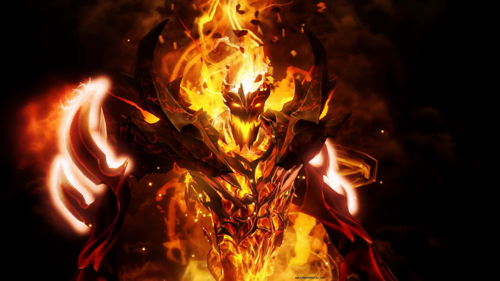 Shadow Fiend, fiery demonic warrior, glowing orange eyes, Full HD Desktop Wallpaper