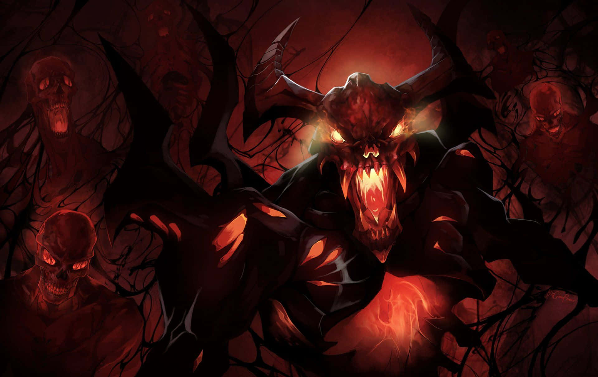 Shadow Fiend, glowing red eyes, sharp teeth, Full HD Desktop Wallpaper